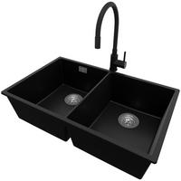 UNTERBAUSPÜLE GRANIT London Twin, 2-er set Schwarz 76/47 cm 2 Becken + Küchenarmatur 40/38 cm + Ablauf-Set ab 80er Unterschrank - Chromfarben/Schwarz, Kunststoff (76/20/47cm) - Primagran