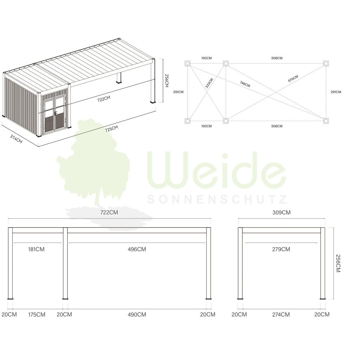 CARPORT mit Schuppen aus Aluminium 3 x 7,2 m Garage anthrazit - Anthrazit, Metall (300/236/720cm) - WEIDE