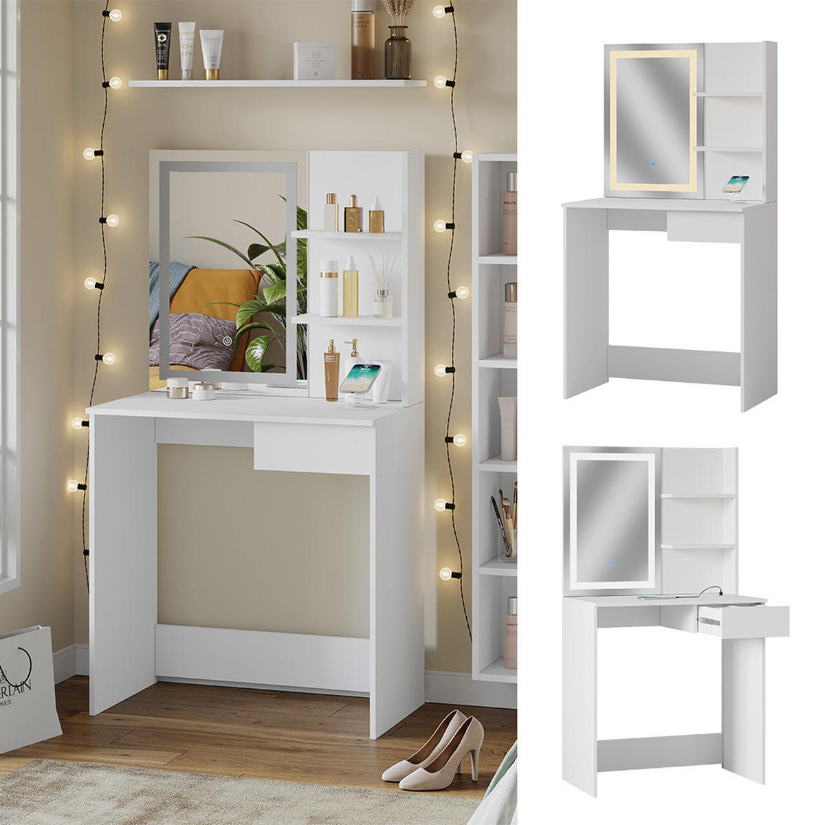 SCHMINKTISCH Dekos Weiß 75 cm mit LED-Spiegel und QI-Ladestation - Weiß, Holzwerkstoff (75/141/40cm) - Vicco