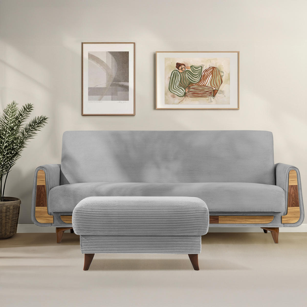 HOCKER GUSTAVO II, Hellgrau - Hellgrau/Braun, Holz/Holzwerkstoff (92/49/92cm) - KONSIMO®