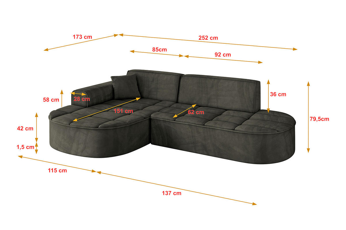 ECKSOFA Ottomane Links LIVO-L1 - 252x173x79,5 cm Schwarz - Schwarz, Holzwerkstoff/Textil (252/173cm) - ALTDECOR