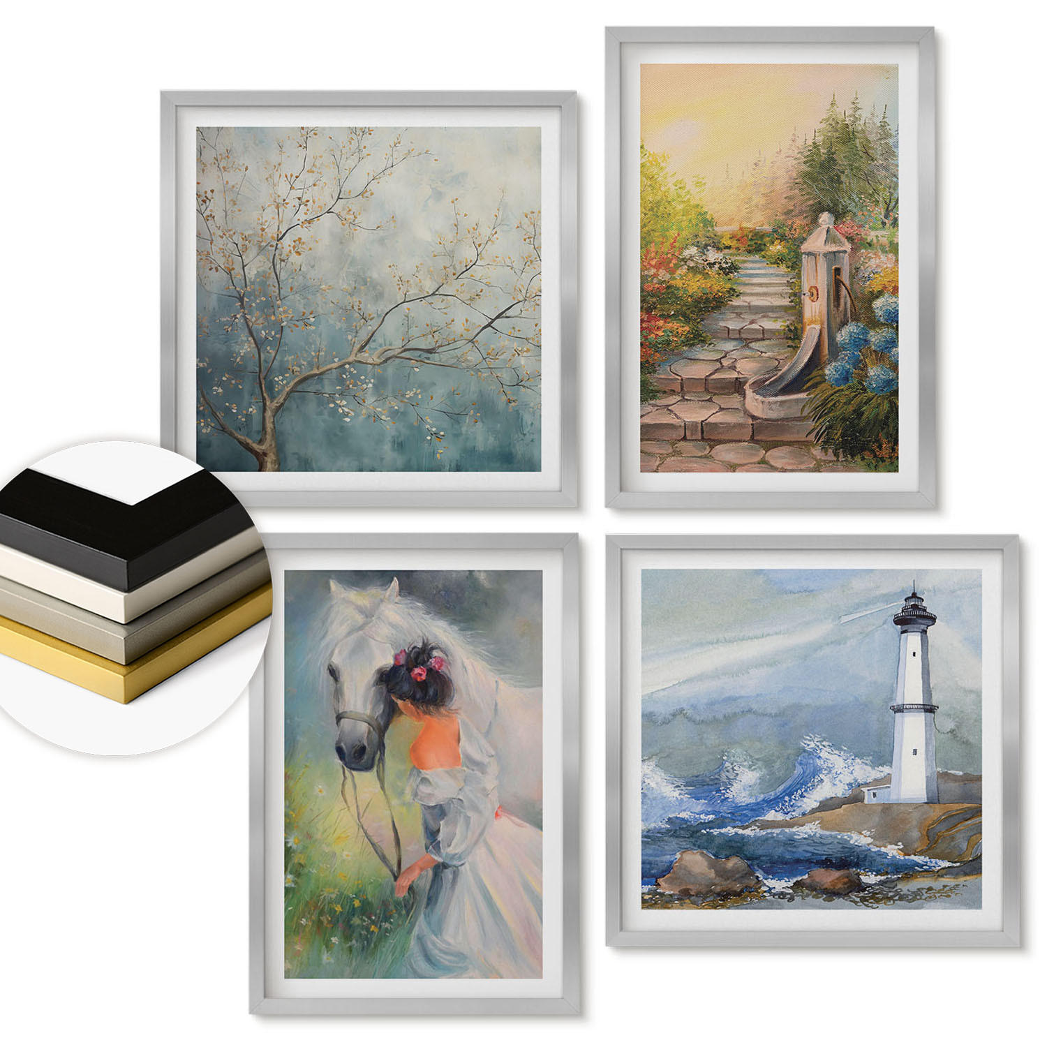 WANDBILDER 4er Set - 50x50 cm & 40x60 cm Silberner Rahmen - Leuchtturm, Landschaft, Mädchen, Pferd - Silberfarben, Kunststoff (50/50cm) - ArtPrintCave