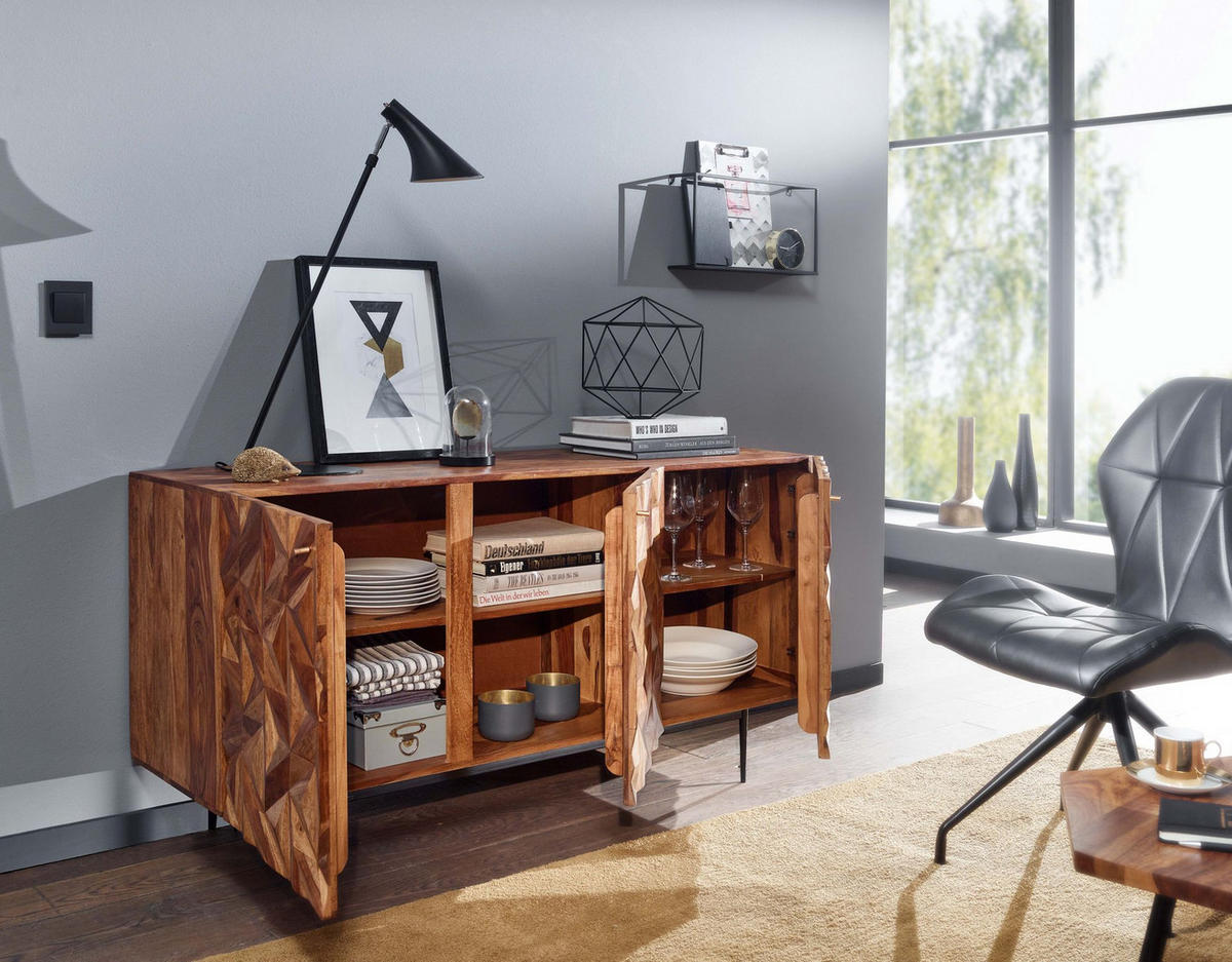 SIDEBOARD – "Metallux", Massivholz, braun, 3D-Oberfläche, modern - Schwarz/Braun, Holz/Metall (144/72/47cm) - KADIMA DESIGN