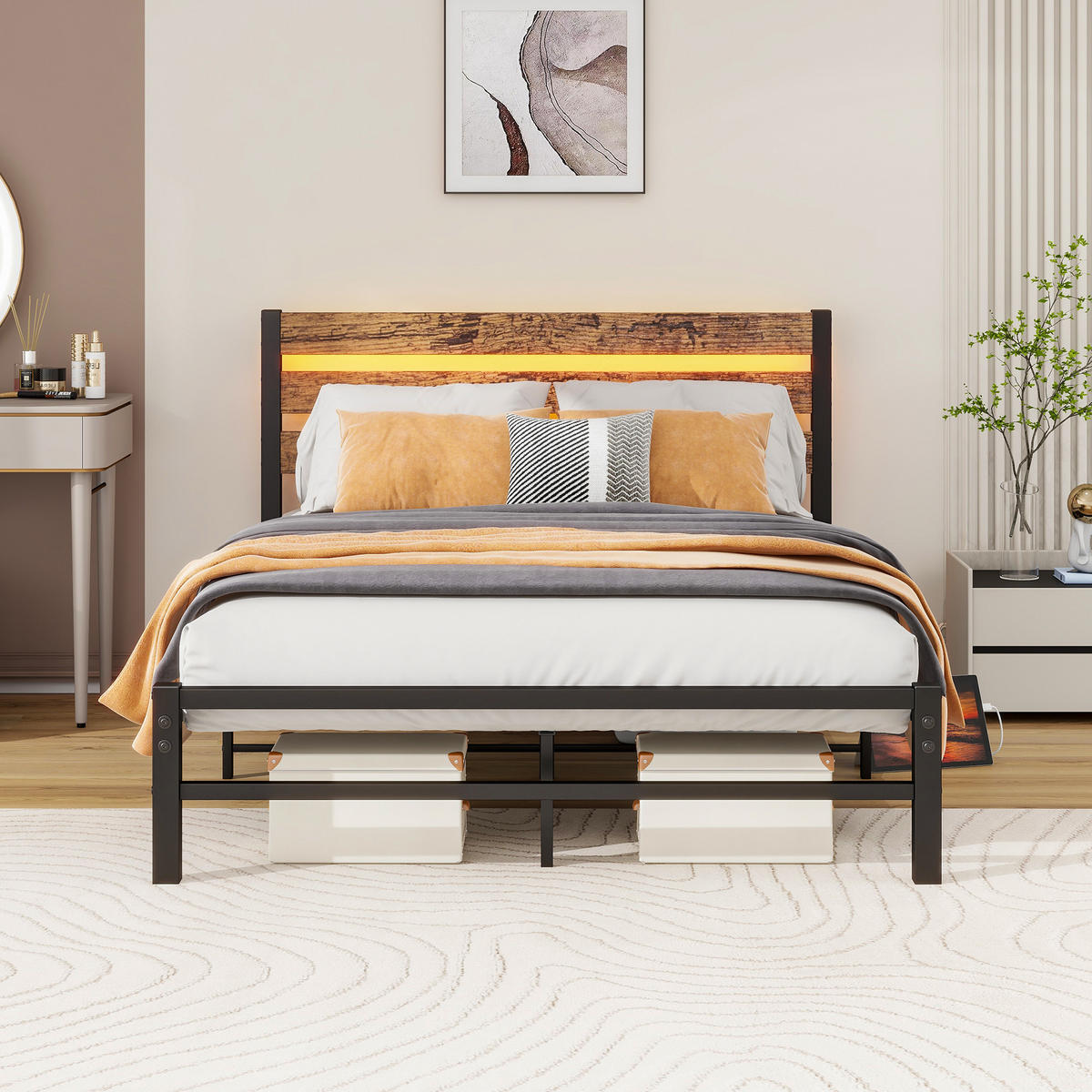 METALLBETT 120x200 cm LED USB Kopfteil - Dunkelbraun, Holzwerkstoff (120/200cm) - LEBENLANG