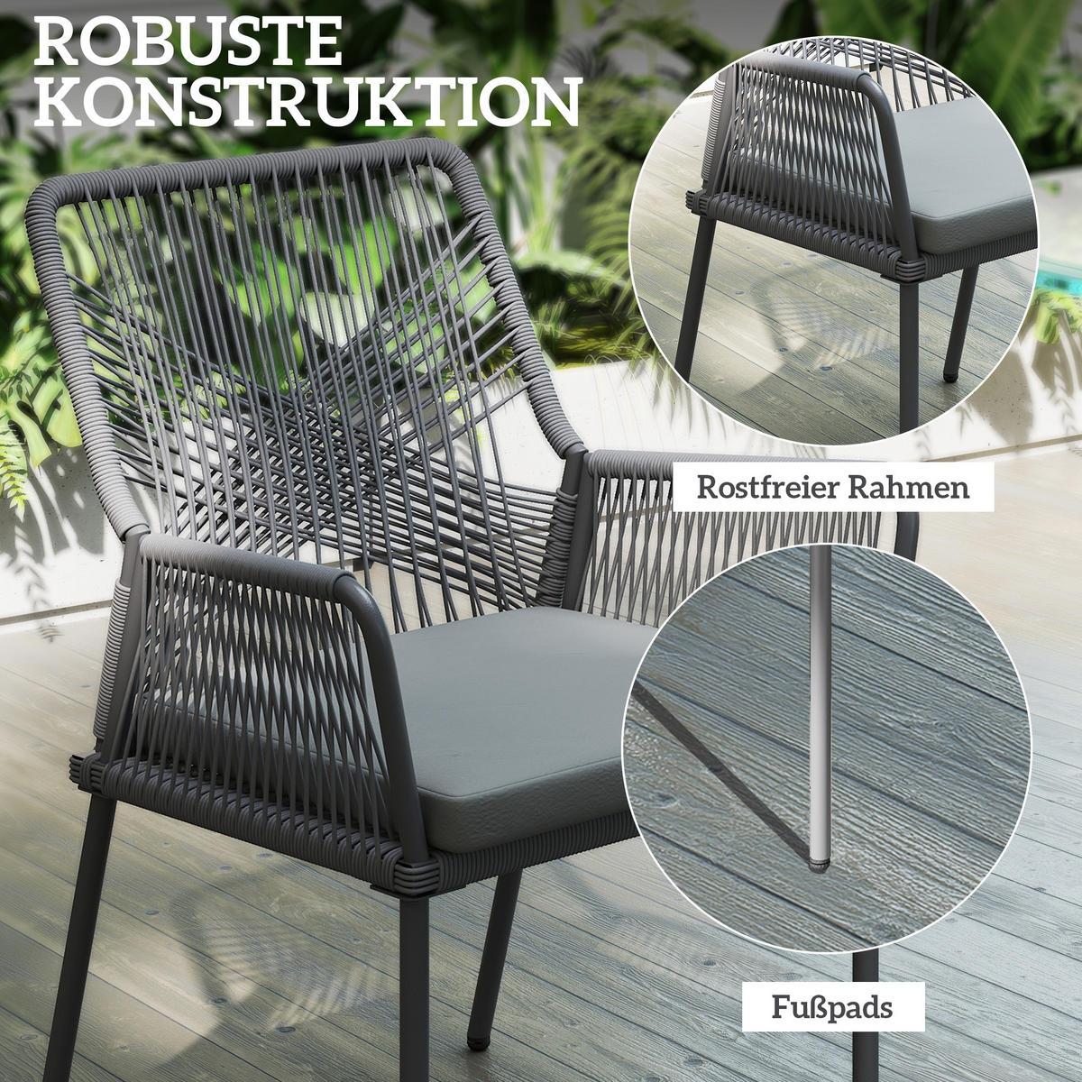 2ER-SET GARTENSTÜHLE DE-06723 mit waschbaren Kissen & Armlehnen Dunkelgrau - Dunkelgrau, Kunststoff/Metall (61/84/57cm) - ComfortXL
