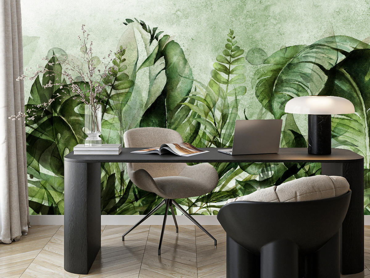 FOTOTAPETE für Wohnzimmer Grüne Blätter auf Beton 150x105 - Schwarz/Grün, Papier (150/105cm) - Muralo