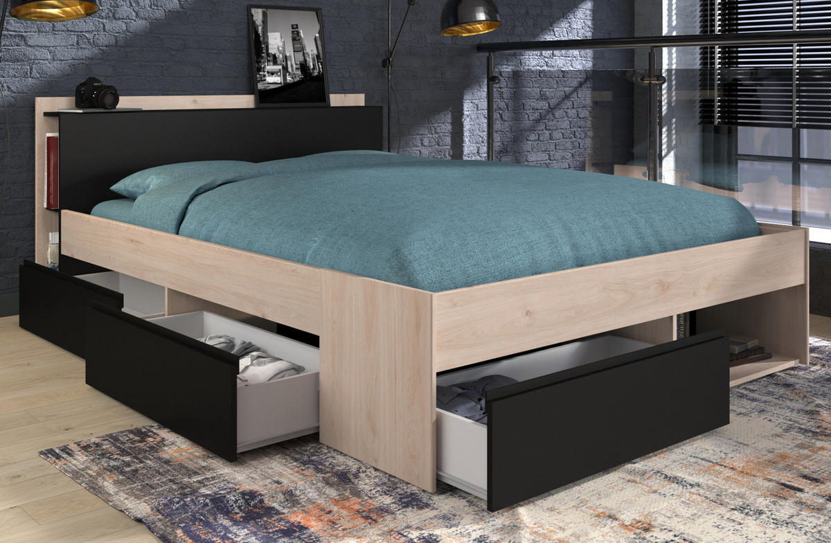 BETT mit Regal und 3 x Schubkasten Stauraumbett 140 x 200 cm - Eichefarben/Schwarz, Holz/Holzwerkstoff (140/200cm) - Parisot Meuble