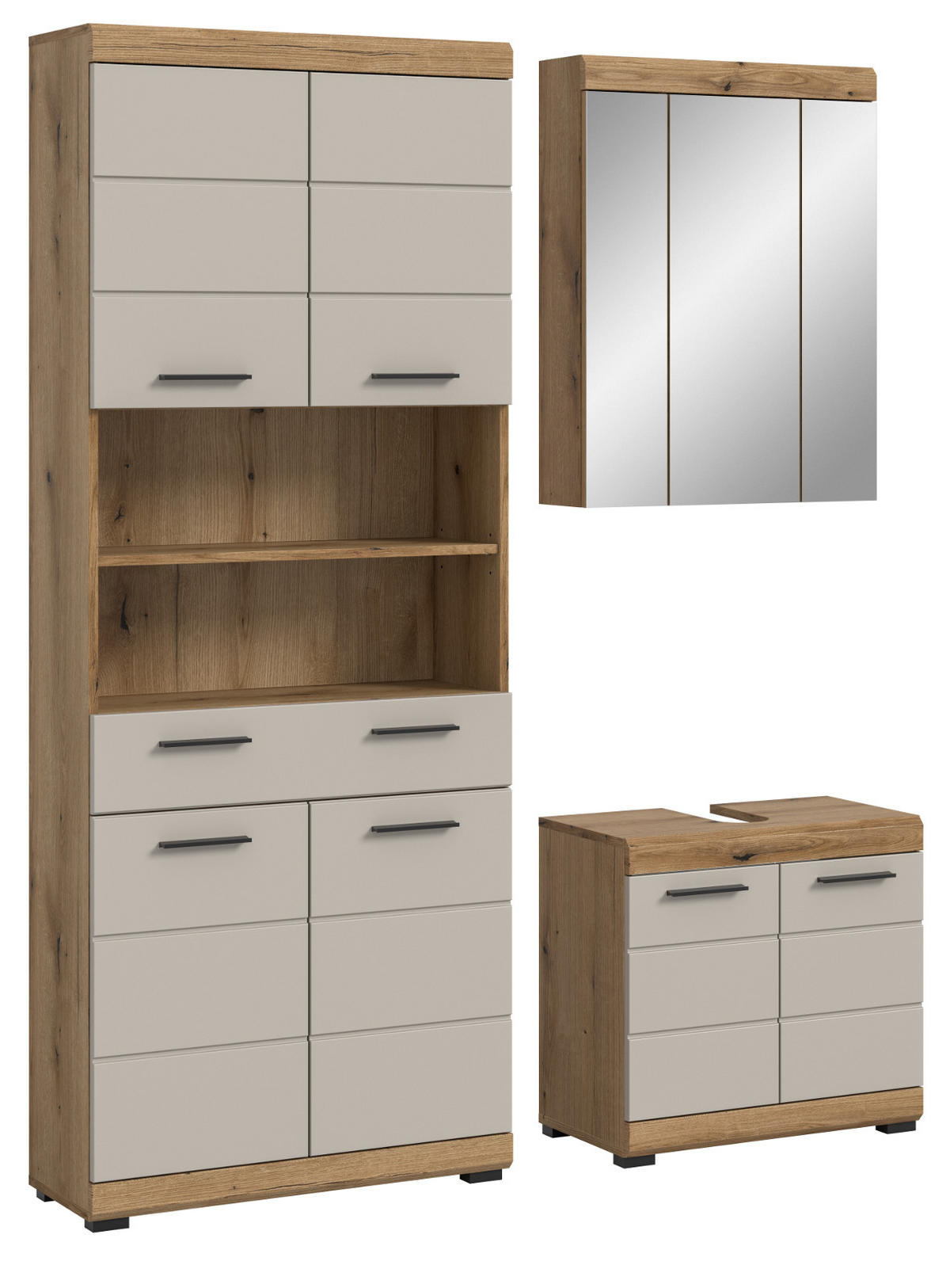 BADMÖBEL Set 3-teilig in Sand Kaschmir und Evoke Eiche Badkombination 149 x 191 cm Shawn - Kaschmir/Eichefarben, Glas/Holzwerkstoff (149/191/34cm) - Inn.Furn