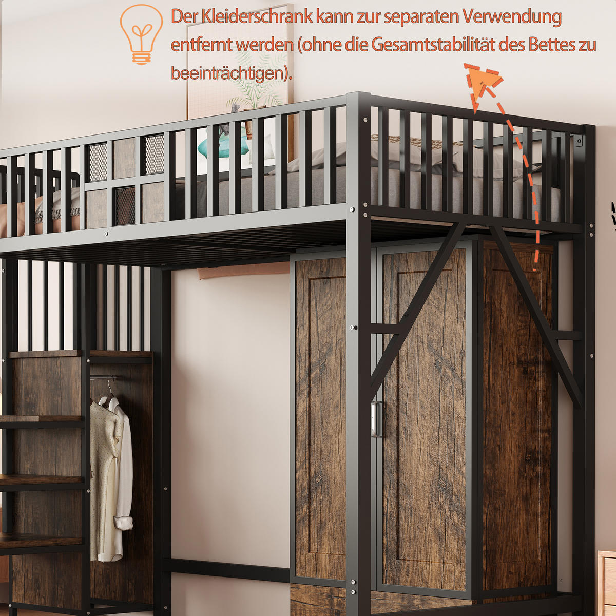 HOCHBETT 90/200 cm mit Kleiderschrank und Sicherheitsleiter schwarz - Schwarz, Metall (90/200cm) - OKWISH