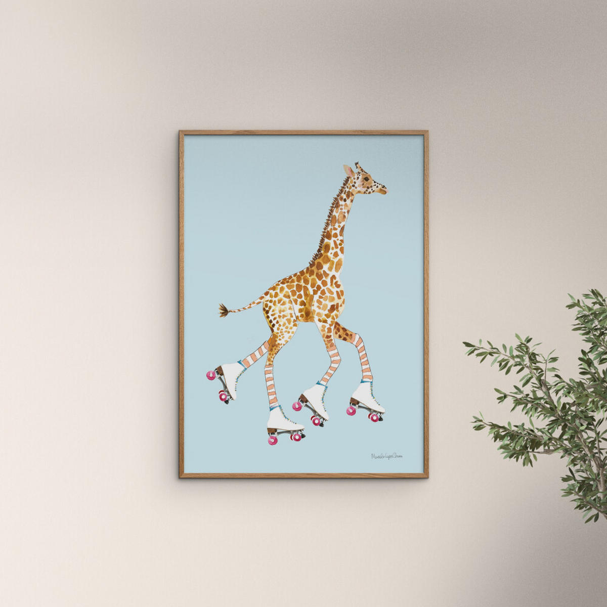 POSTER mit Rahmen Wild Apple - Giraffe joy ride VI - Blau/Eichefarben, Holz/Papier (50/70cm) - Poster&Frame