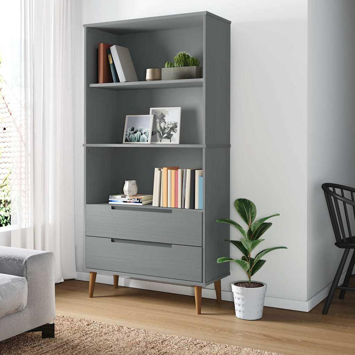 BÜCHERREGAL Molde Grau 85/35/170,5 Cm Massivholz Kiefer - Grau, Holz (35/170.5/85cm) - vidaXL