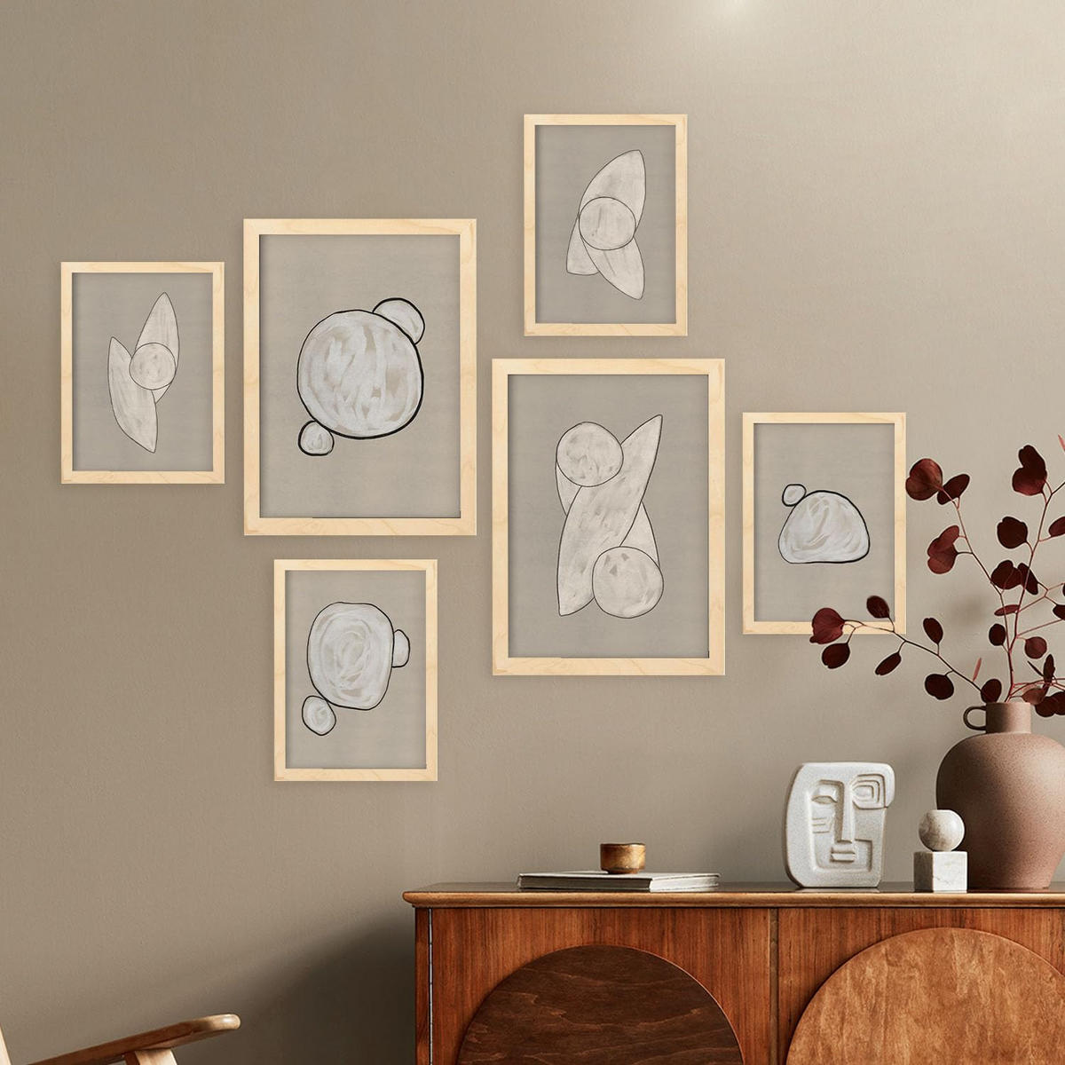 POSTER Set Mit 6 Kosmische Kontur In Form Abstracts Ästhetische Dekorative Gemälde Für Ihr Wohnzimmer Zuhause A3 & A4 Rahmen Aus Hellem Holz - Beige, Papier (29/3cm) - Nacnic