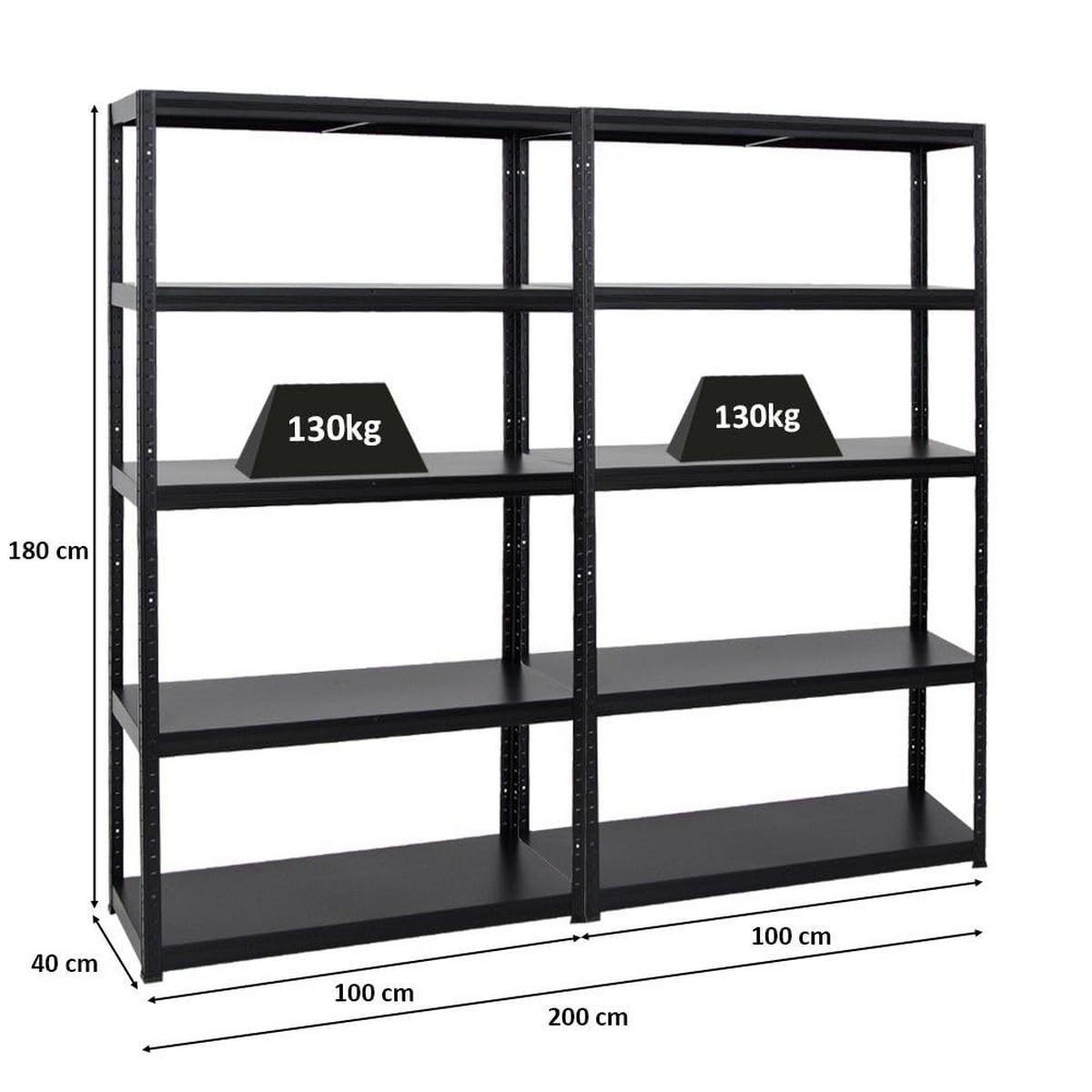 SCHWERLASTREGAL Steel Eagle 2er-Set mit 2x 180x100x40 cm Fachlast 130 kg Schwarz - Schwarz, Metall (200/180/40cm) - PROREGAL