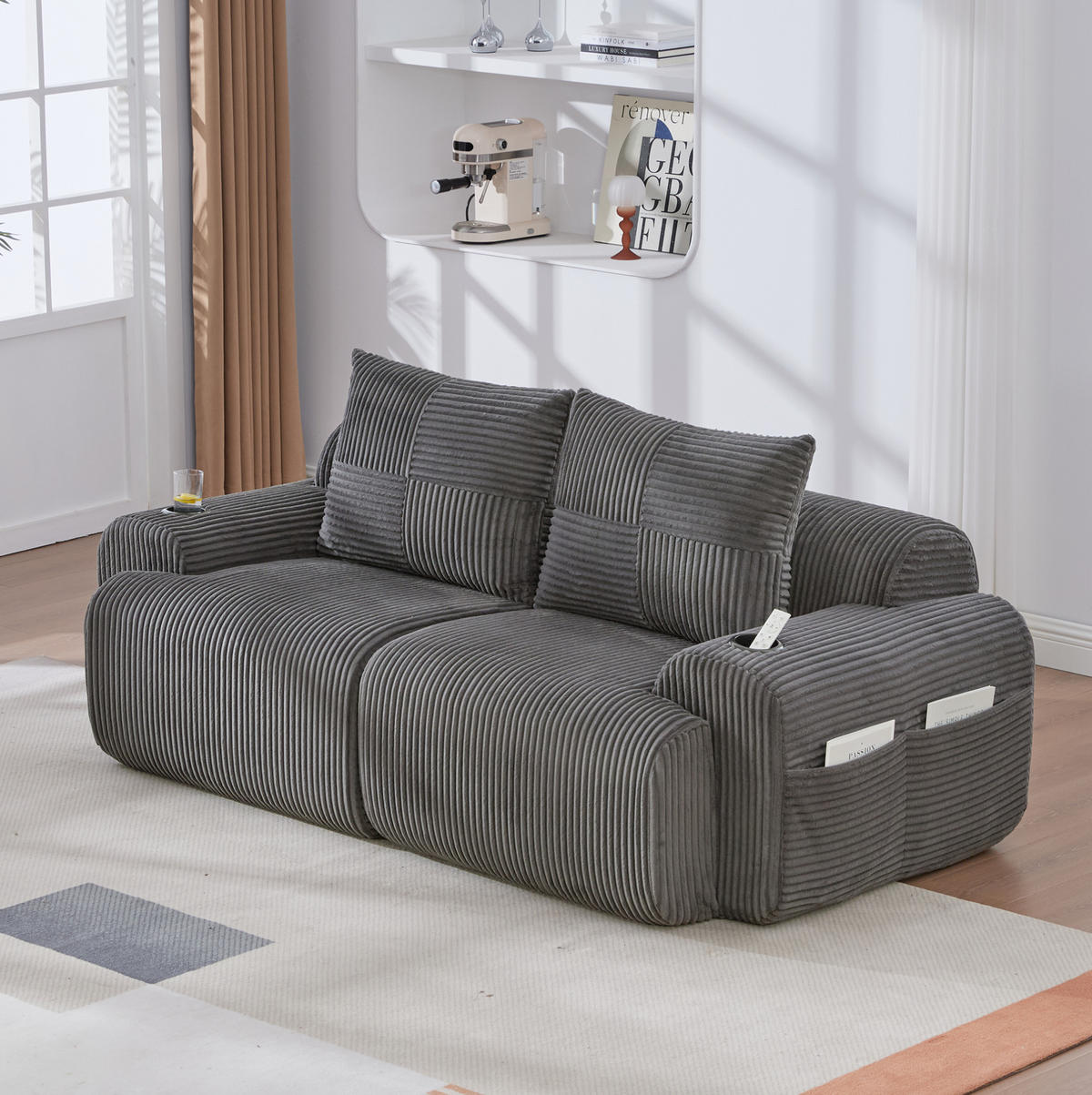 2-SITZER Sofa Cordstoff mit Getränkehalter und Seitentasche 200/99/80 cm Dunkelgrau - Dunkelgrau, Textil (99/80/200cm) - Redom