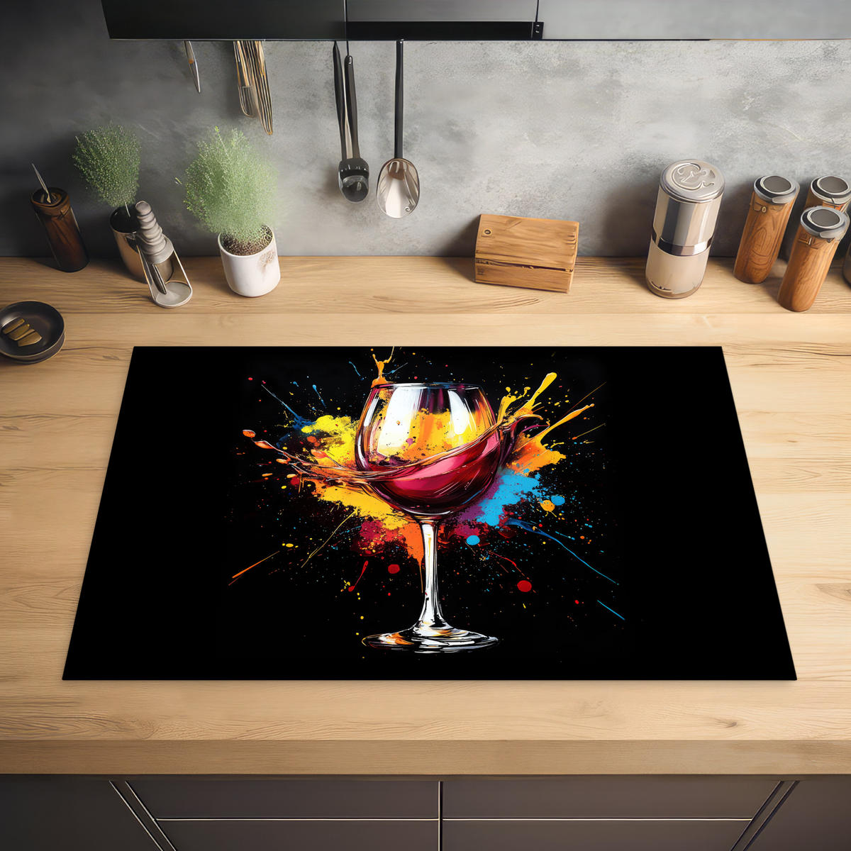HERABDECKPLATTE - Wein - Glas - Graffiti - Getränk - Rot - Farbe - 83x52 - Weinrot, Kunststoff (83/52/0.2cm) - MuchoWow