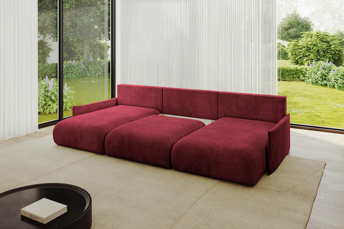 WOHNLANDSCHAFT mit Schlaffunktion und Bettkasten ONESK-U-v1 304x165x40 Bordeauxrot Velours - Bordeaux, Holzwerkstoff/Kunststoff (304/90/165cm) - ALTDECOR