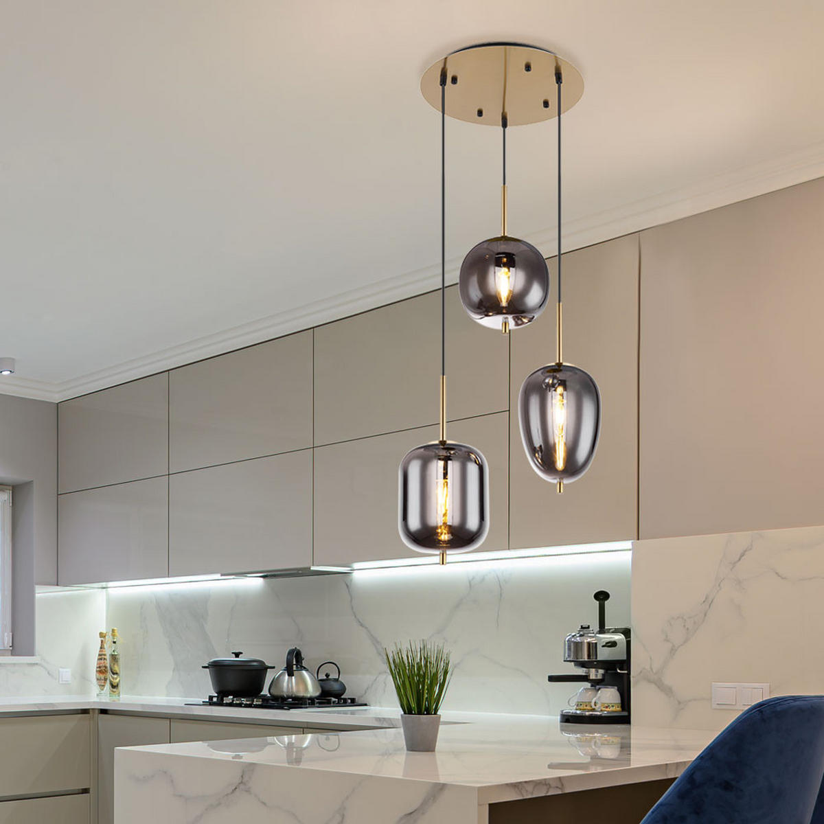 HÄNGELEUCHTE Glas Grau Messing - Grau, Glas (46/46/120cm) - Globo Lighting