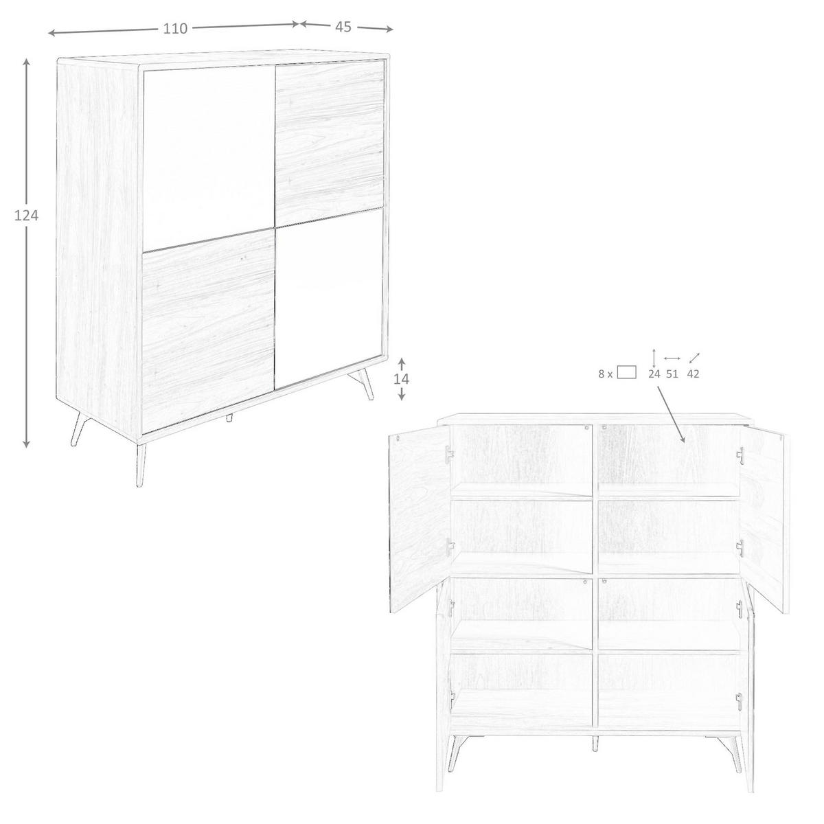 HIGHBOARD Sideboard aus schwarzem Glas mit Spiegeleffekt, Walnuss und schwarzem Stahl 110/45/124 cm - Walnussfarben/Schwarz, Holz (110/124/45cm) - ANGEL CERDA