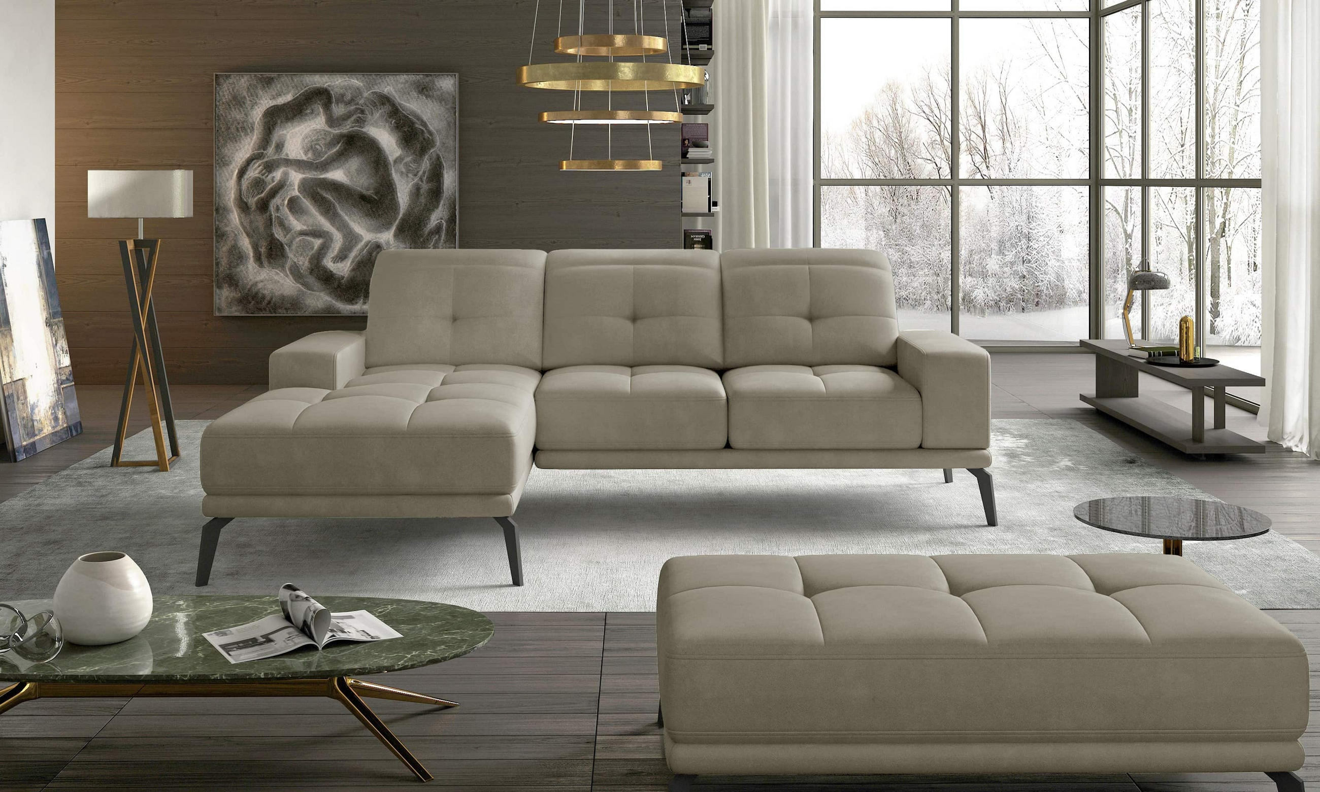 ECKSOFA mit verstellbaren Rückenlehnen und verstellbaren Kopfstützen - Beige/Schwarz, Textil/Metall (265/198cm) - Eltap