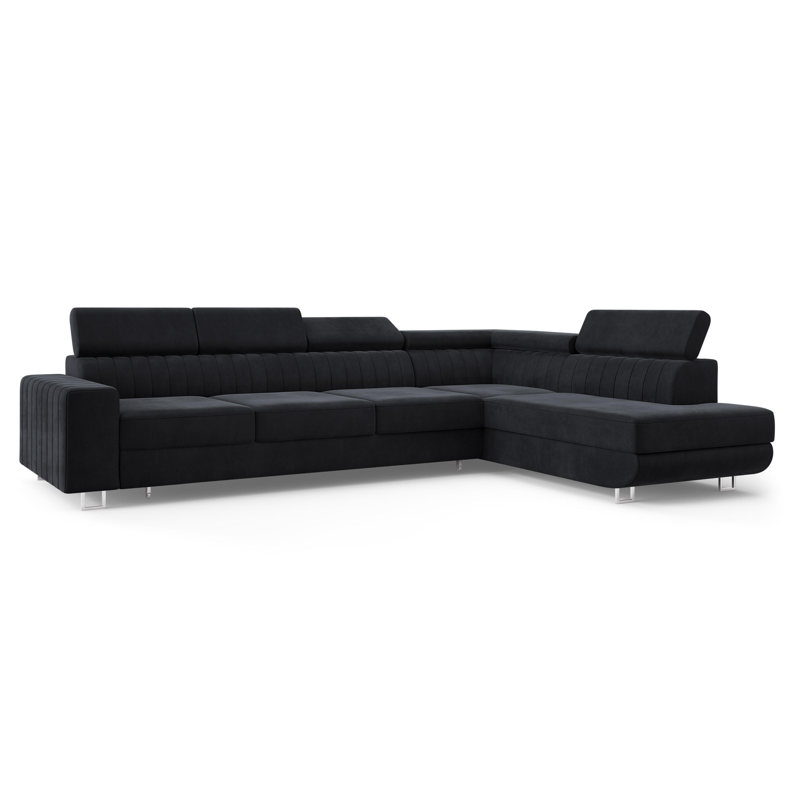 ECKSOFA HESTION Schwarz Velours-Stoff mit Schlaffunktion - Schwarz, Holz (332/190cm) - MASSENO