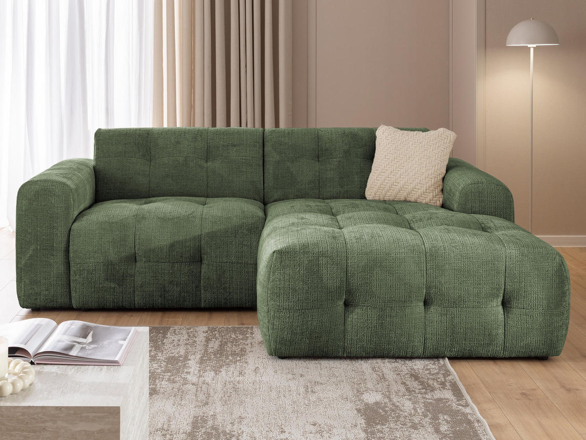 ECKSOFA Kozy im Bumpy-Design mit fester Rückenlehne aus weichem Grün Chenille-Stoff - Ottomane rechts - Schwarz/Grün, Holz/Kunststoff (234/161cm) - S-Style Möbel