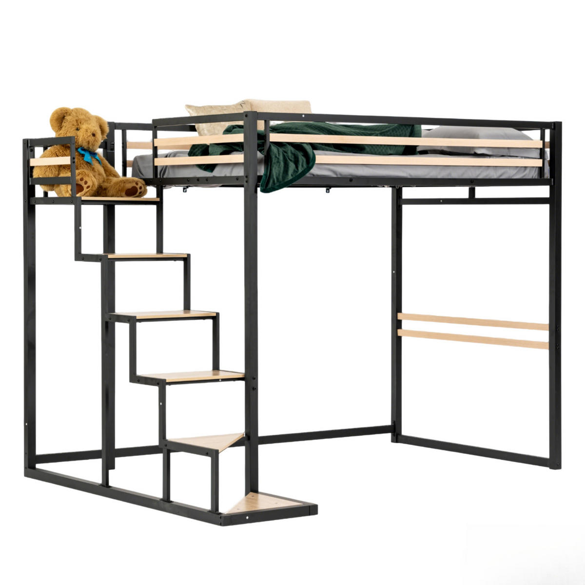 HOCHBETT mit Treppe und Arbeitsbereich – Metallbett Schwarz, platzsparendes Loftbett mit Schreibtischbereich - Schwarz, Metall (148/201cm) - Meubles Cosy