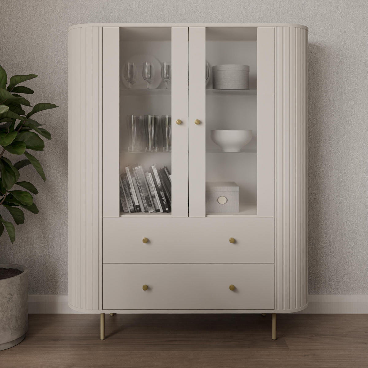 VITRINE Halay Beige, 2 Türen & 2 Schubladen Moderne Rillenstruktur, mit runden Kanten - Beige/Goldfarben, Holzwerkstoff/Metall (123/155/42.3cm) - AX Living