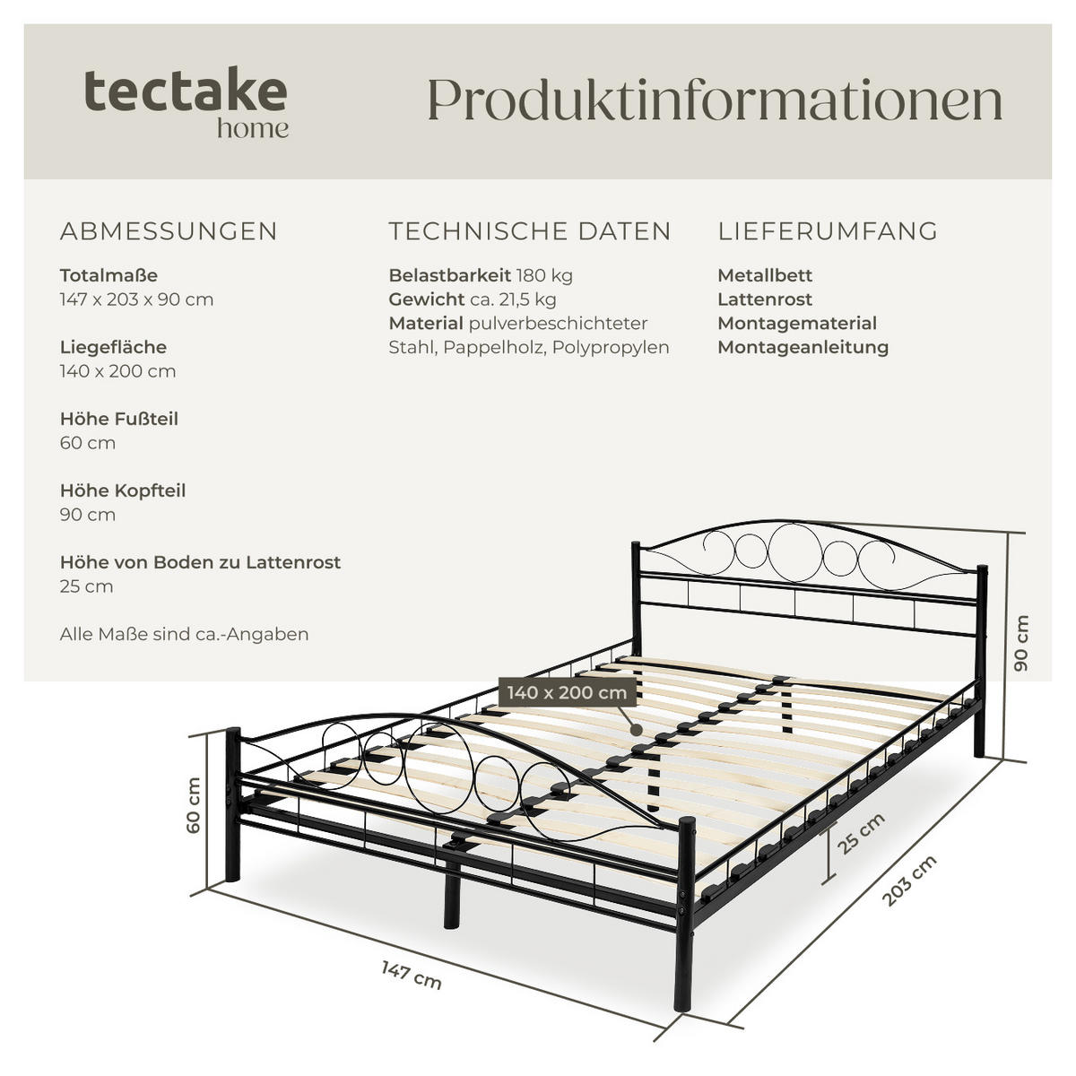 METALLBETT Sonno,140 x 200 cm,schwarz/schwarz - Schwarz, Metall - tectake