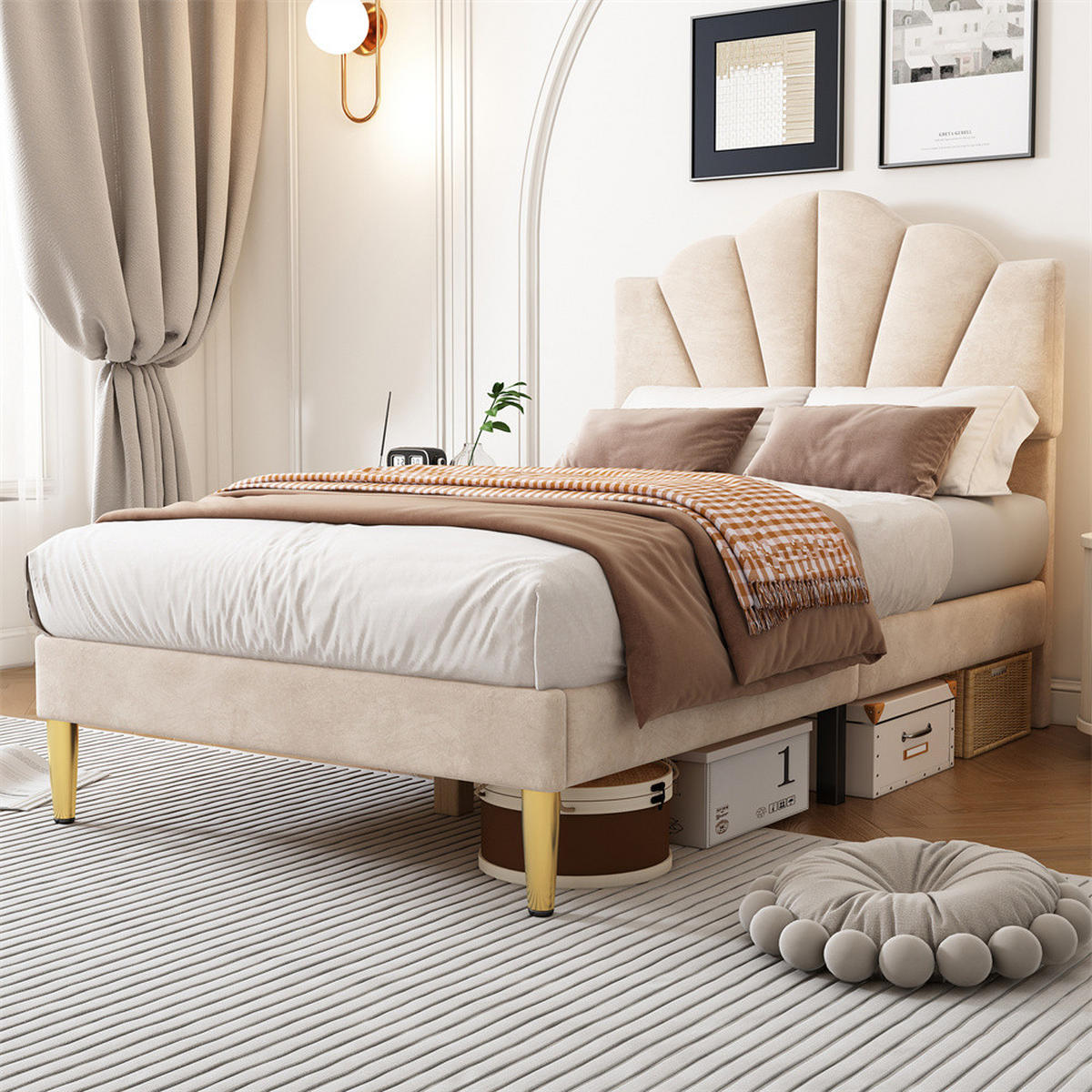 POLSTERBETT 90/200 cm in Beige Samt mit Goldenen Eisenbeinen - Beige, Holz/Textil (90/200cm) - KOMHTOM