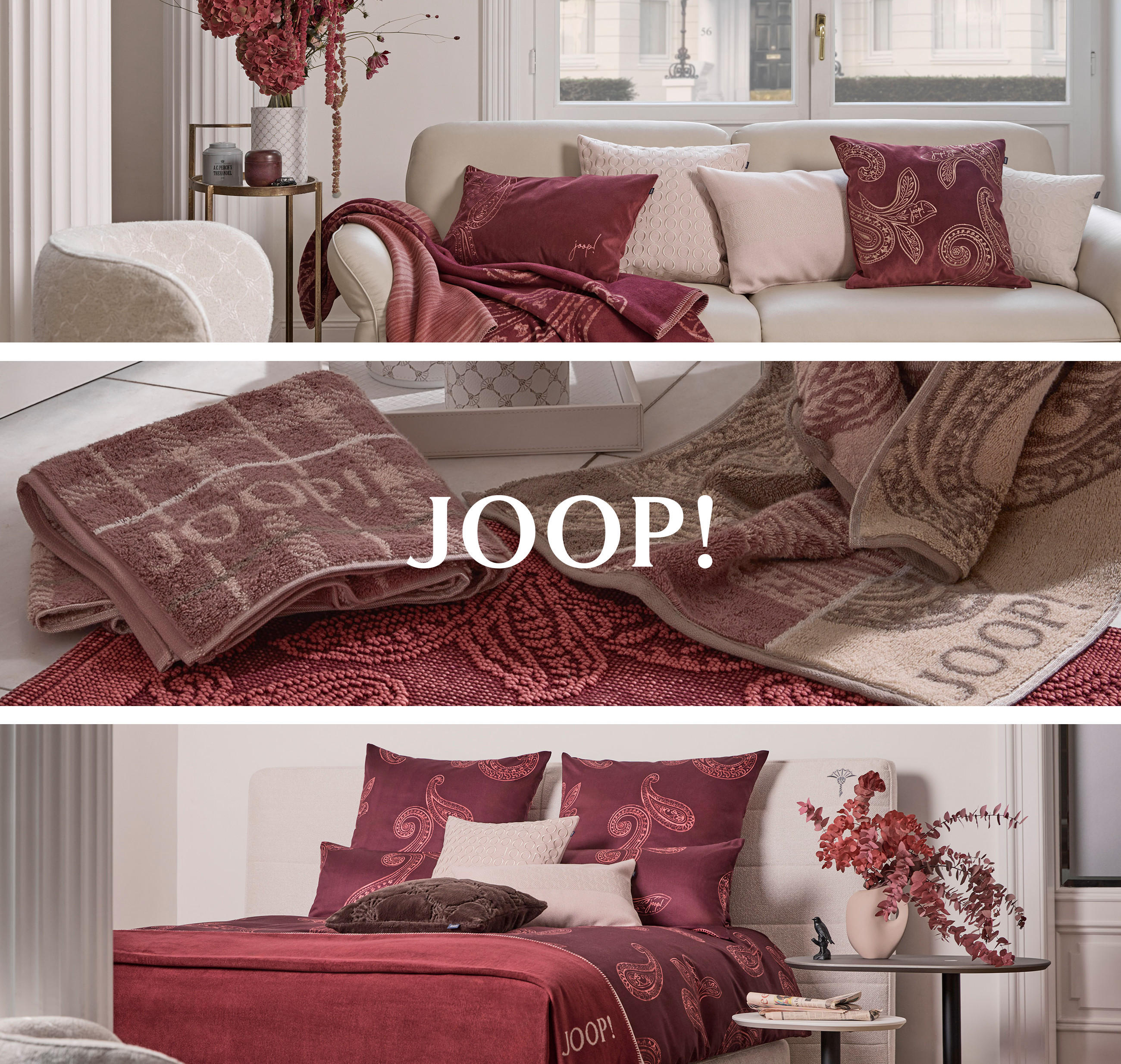 Drei stilvolle Wohnraumbilder mit Textilien der Kollektion Mayfair Mauve von JOOP! Living.