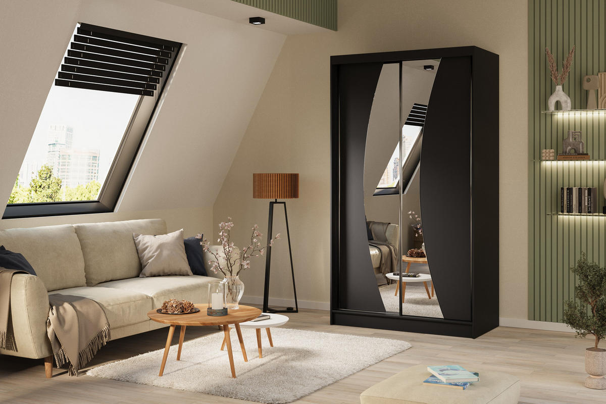 KLEIDERSCHRANK mit Spiegel-Schiebetüren und Aluminium-Leisten, LED-Beleuchtung - VOXI - 120 cm Schwarz - Schwarz, Holzwerkstoff (120/216/61cm) - ALTDECOR