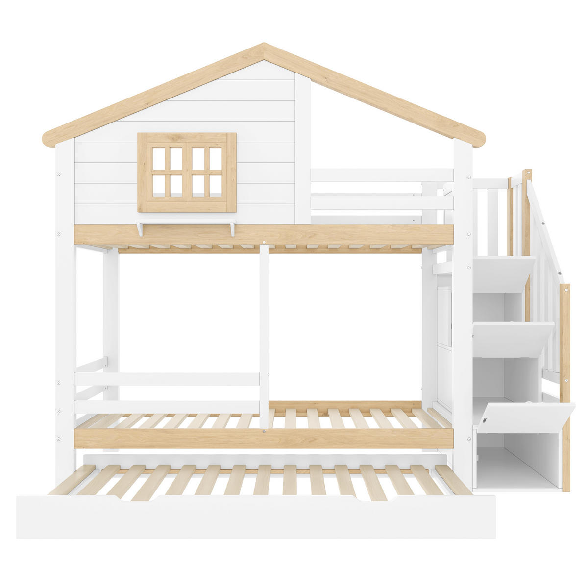 ETAGENBETT 90x200cm Weiß + Natur Ausziehbett Stauraumleiter Fenster - Multicolor, Holz (90/200cm) - FLIEKS