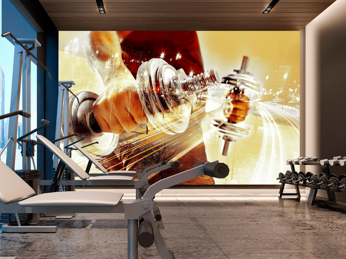 FOTOTAPETE für Jugendzimmer Sportler Mann Stadt Nacht Straße 450x315 - Gelb/Beige, Papier (450/315cm) - Muralo