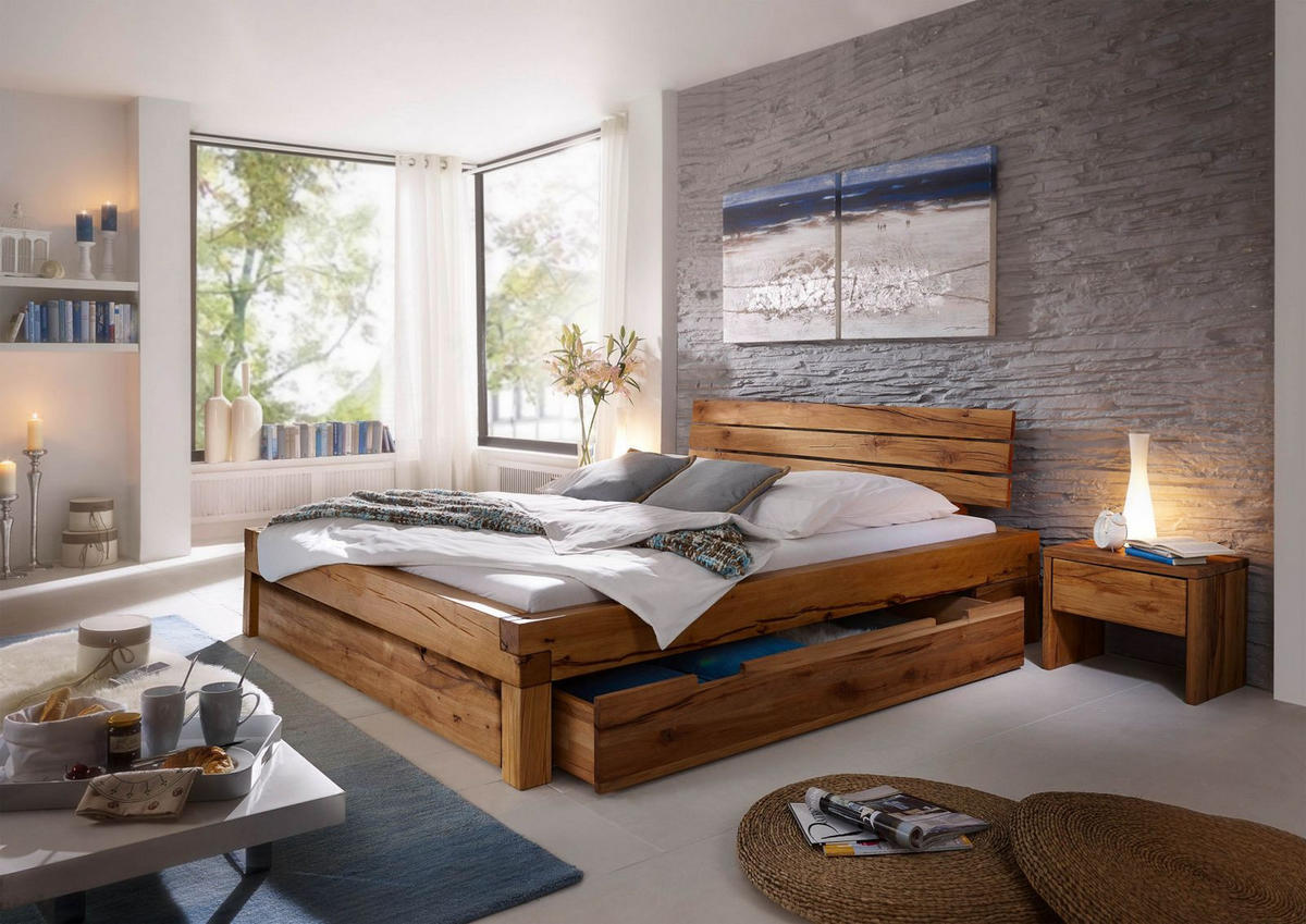 BETT Massivholz Wildeiche 140 x 200 x 85 natur BALKENMÖBEL #401 - Braun, Holz (140/200cm) - Massivmoebel24