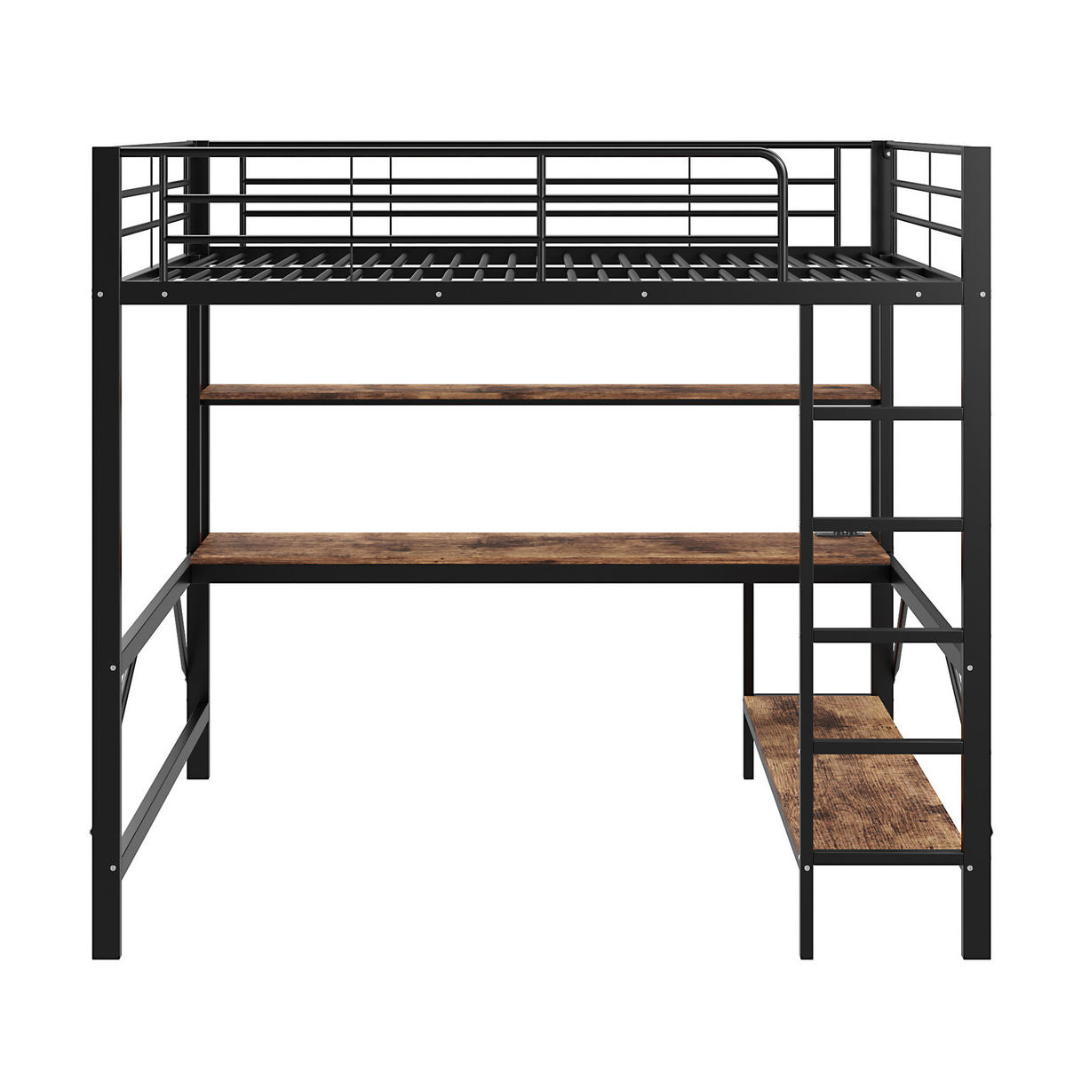 HOCHBETT aus Metall und MDF 140x200 cm Schwarz mit LED, USB, Steckdose, Schreibtisch und Regal - Schwarz, Metall (140/200cm) - Modfu