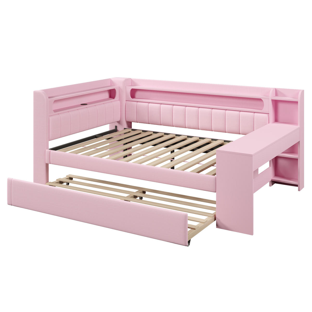 POLSTERBETT 140/200 cm & 90/190 cm in Rosa mit Ausziehbett, USB, LED und Schreibtisch - Rosa, Holzwerkstoff/Textil (140/200cm) - CHICFURN