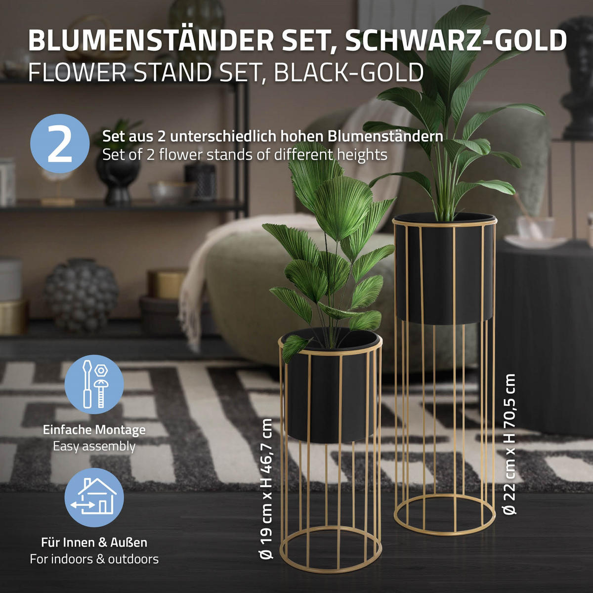 BLUMENSTÄNDER 2er Set - Goldfarben, Metall (24/24/70.5cm) - ML-DESIGN