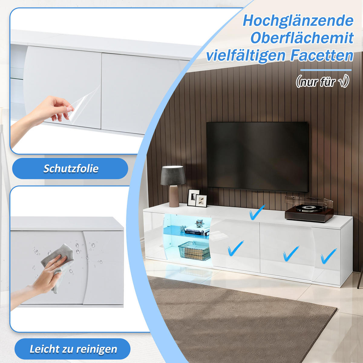 LOWBOARD in Weiß mit LED-Beleuchtung für Wohnzimmer, B180/T40/H45cm - Weiß, Glas/Holzwerkstoff (180/45/40cm) - STILVORA