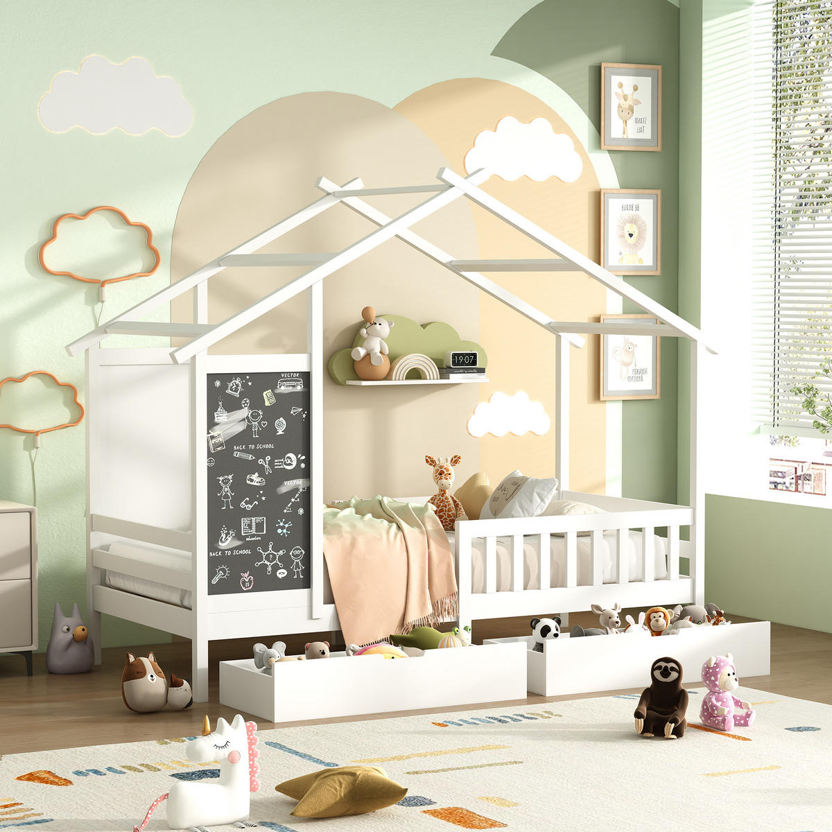 HAUSBETT 90x200cm mit 2 Schubladen, Weiß - Weiß, Holz (90/200cm)