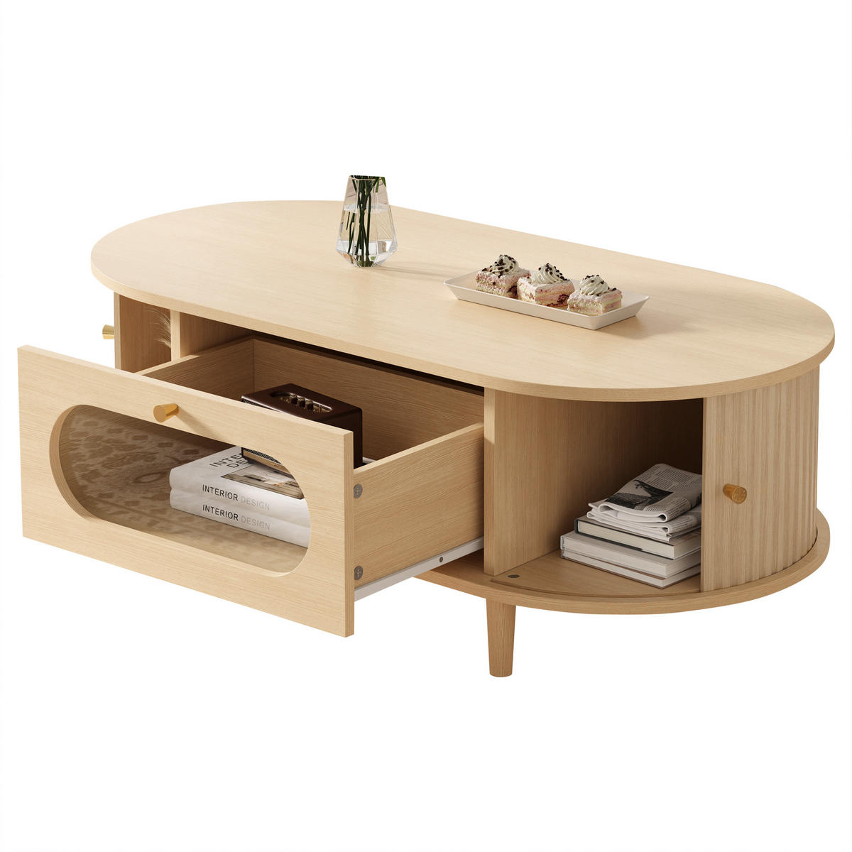 COUCHTISCH 100/50/36 cm holzfarben aus MDF mit Schublade und Rollladentüren - Eichefarben, Holzwerkstoff (100/50/36cm) - OKWISH