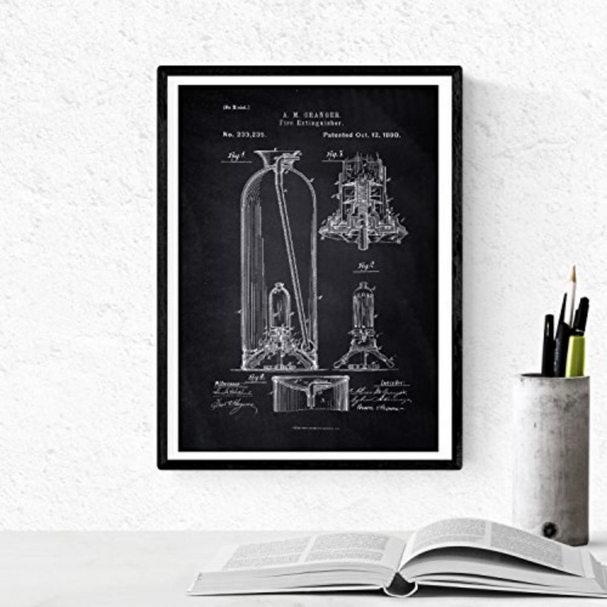 POSTER Set mit 4 Schwarz Feuerwehr Patent A4 Schwarzer Rahmen - Schwarz, Papier (29.7/3cm) - Nacnic