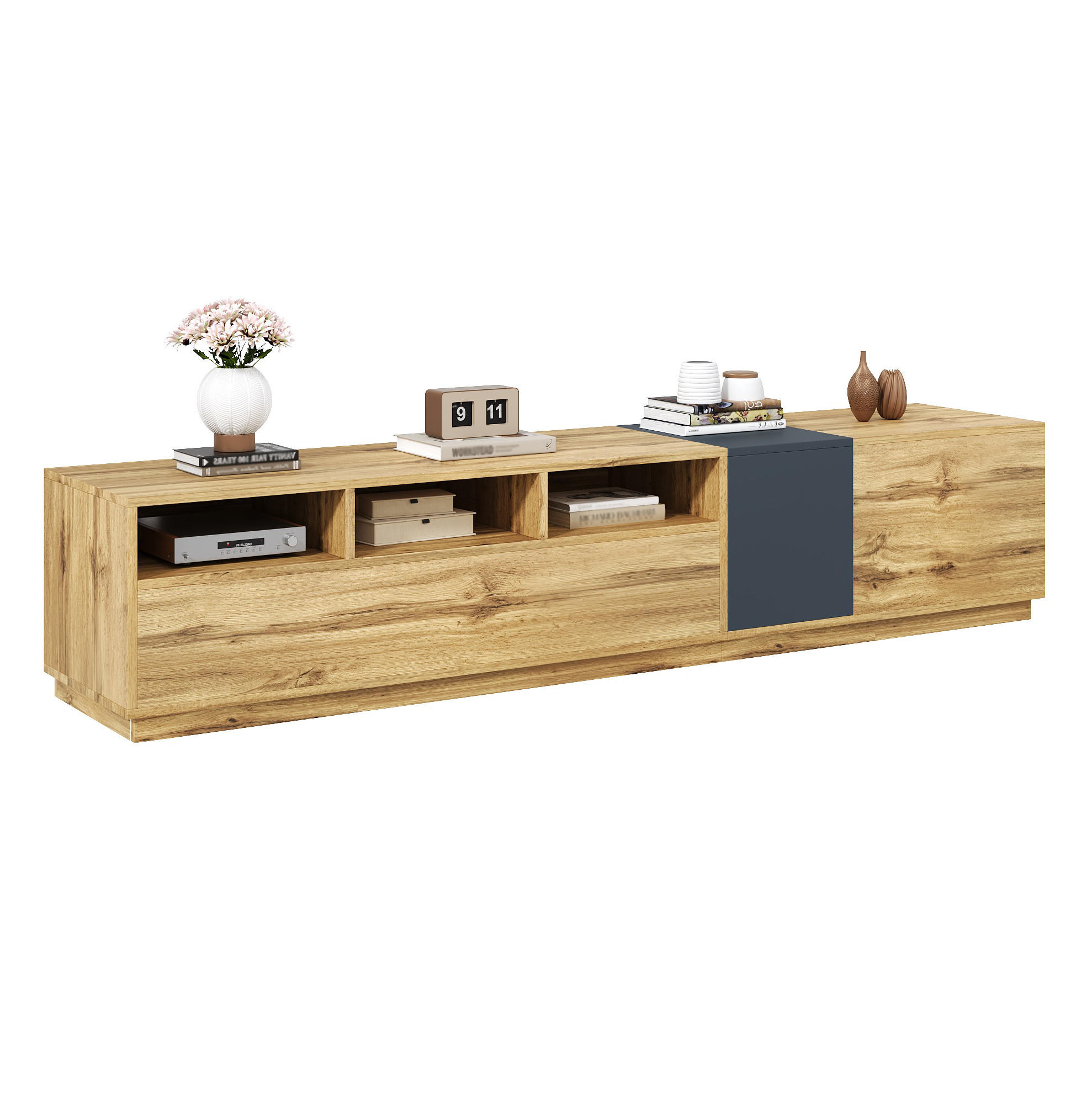 TV-STÄNDER 200/45/45 cm schwarz-grau mit Holzplatte und offenen Fächern - Schwarz, Holzwerkstoff (200/45/45cm) - OKWISH