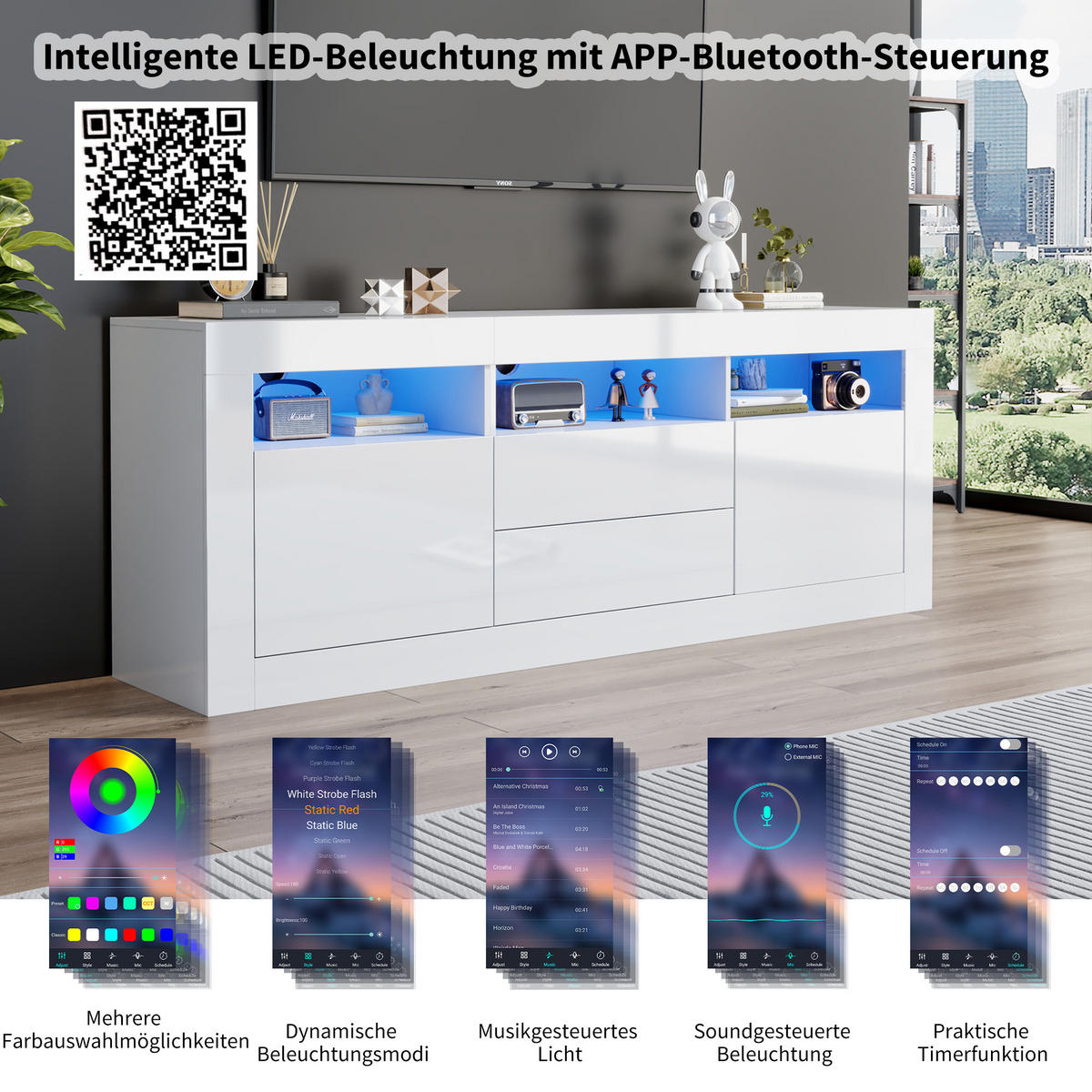 TV-SCHRANK Weiß 160/35/60 cm, Hochglanz, LED-Beleuchtung, Push-to-Open - Weiß, Holzwerkstoff (160/60/35cm) - PANGIVO