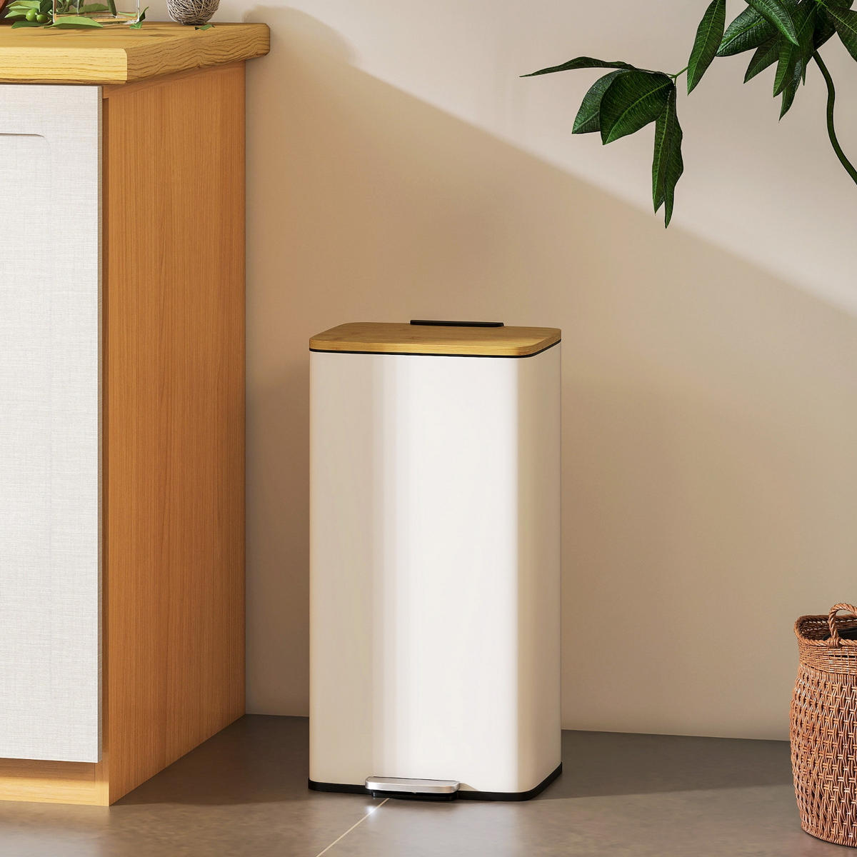 MÜLLEIMER TRETEIMER 20L 29,5/29,5/56,8 cm Metall r mit Bambusdeckel Absenkautomatik Küche - Weiß, Metall (29.5/56.8/29.5cm) - Rolipo