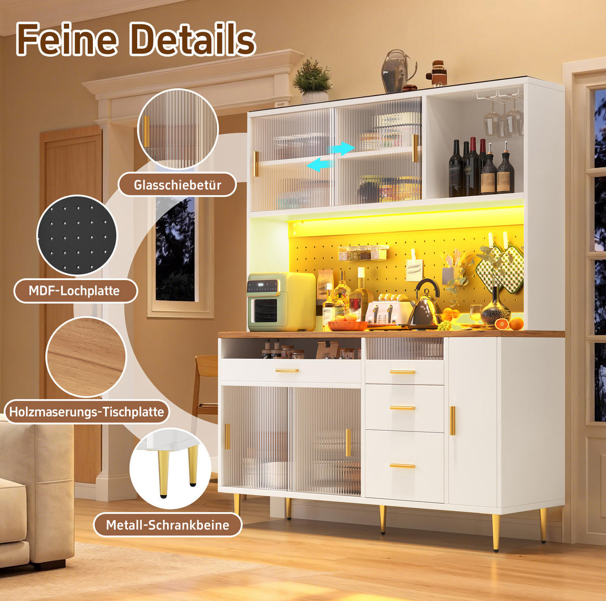 BUFFET 145/171/39 cm Weiß aus Glas und MDF mit LED-Beleuchtung - Weiß, Glas (24/171/145cm) - OKMYHOME