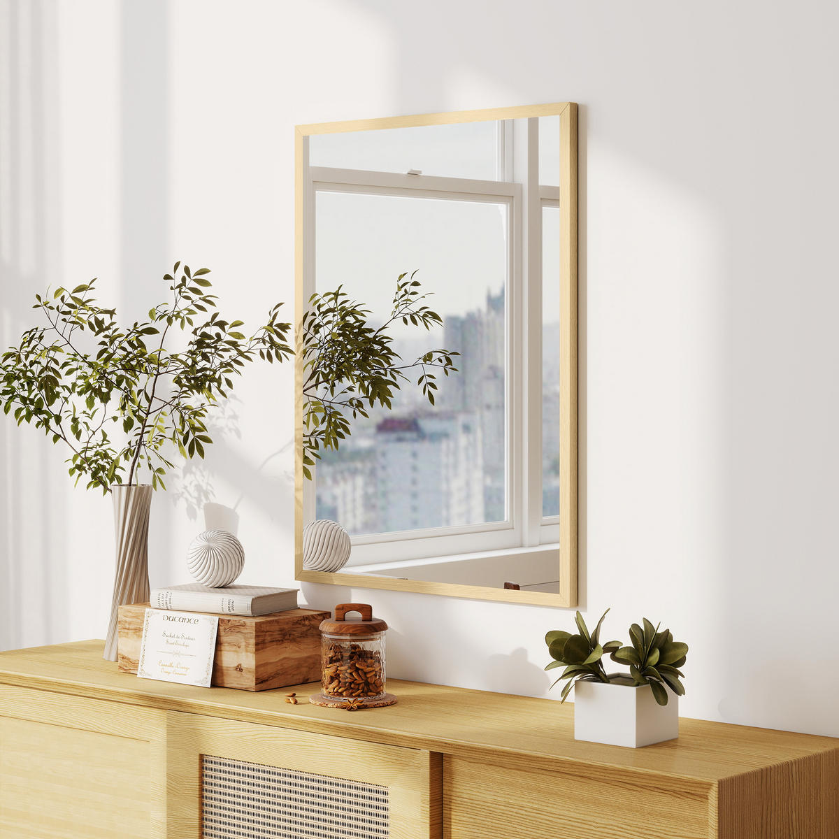 WANDSPIEGEL DE-14352 rechteckig mit Naturholzrahmen Naturholz - Naturfarben, Glas (60/80/2cm) - ComfortXL
