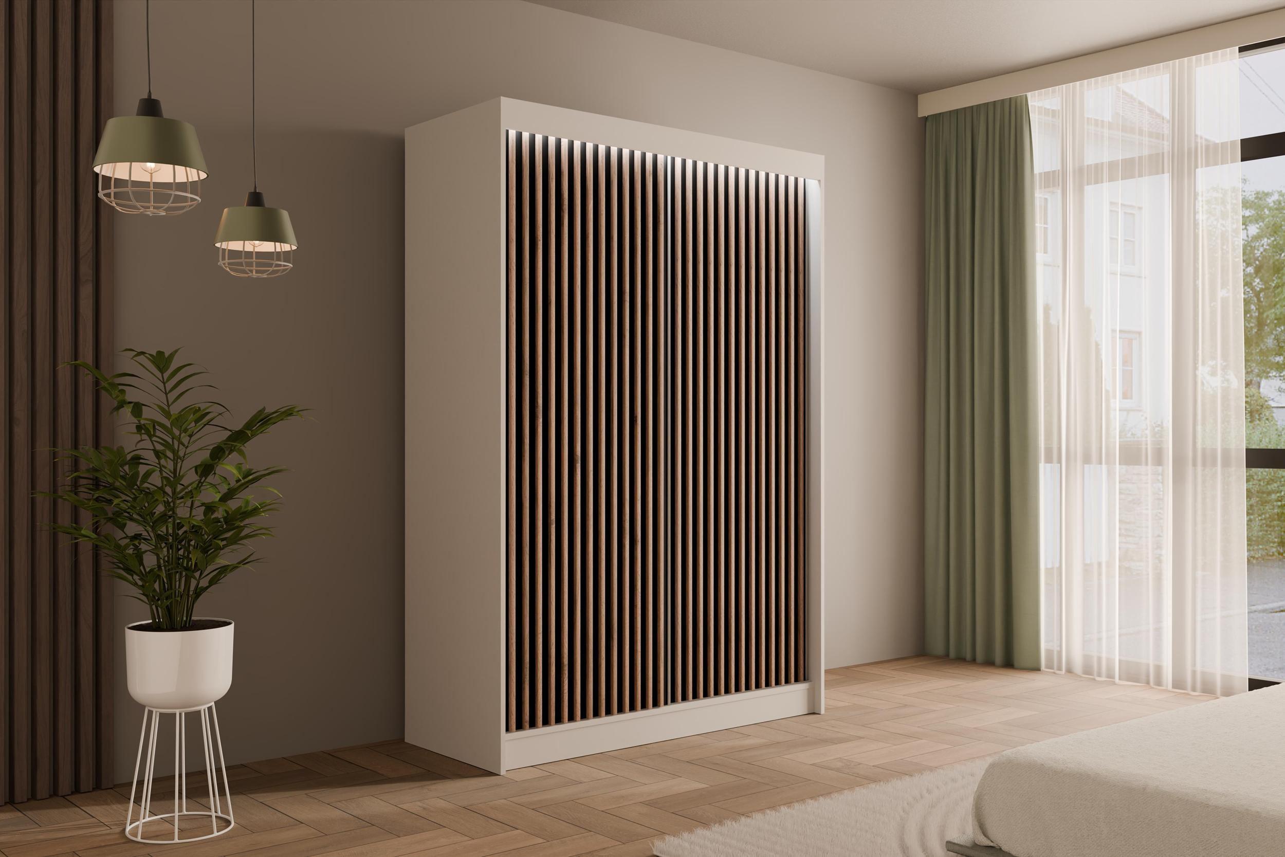 KLEIDERSCHRANK mit LED, Lamel-Schiebetüren VILANv2 - 120 cm Weiß + Lamelle Eiche Wotan - Eiche Wotan/Weiß, Holzwerkstoff (120/215/61cm) - ALTDECOR