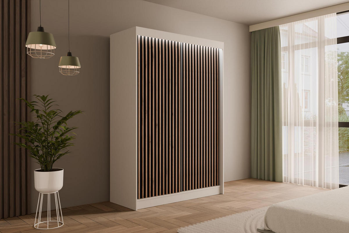 KLEIDERSCHRANK mit LED, Lamel-Schiebetüren VILANv2 - 120 cm Weiß + Lamelle Eiche Wotan - Eiche Wotan/Weiß, Holzwerkstoff (120/215/61cm) - ALTDECOR