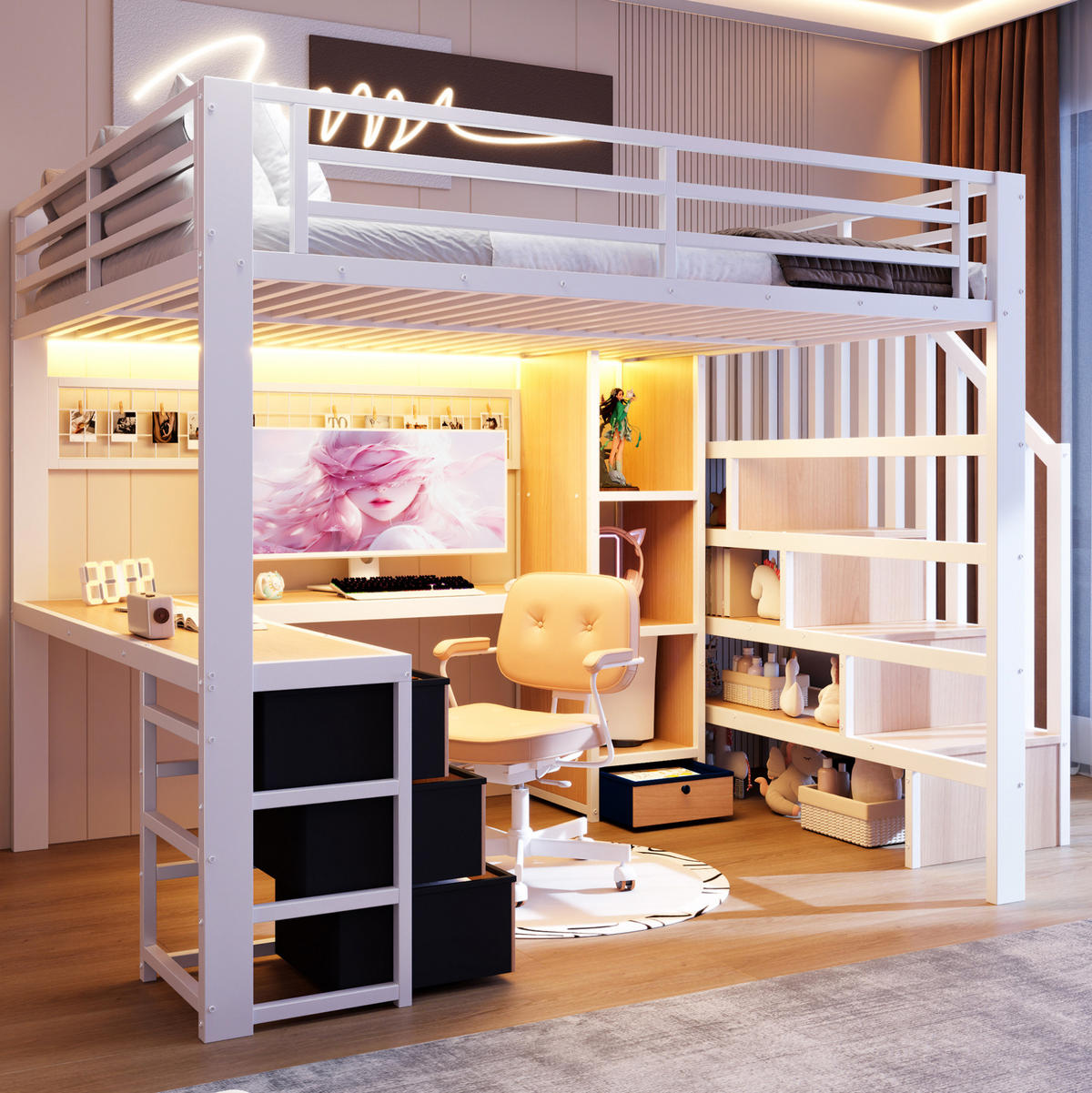 HOCHBETT 140/200 cm weiß aus Metall mit Schreibtisch und LED - Weiß, Metall (140/200cm) - OKWISH