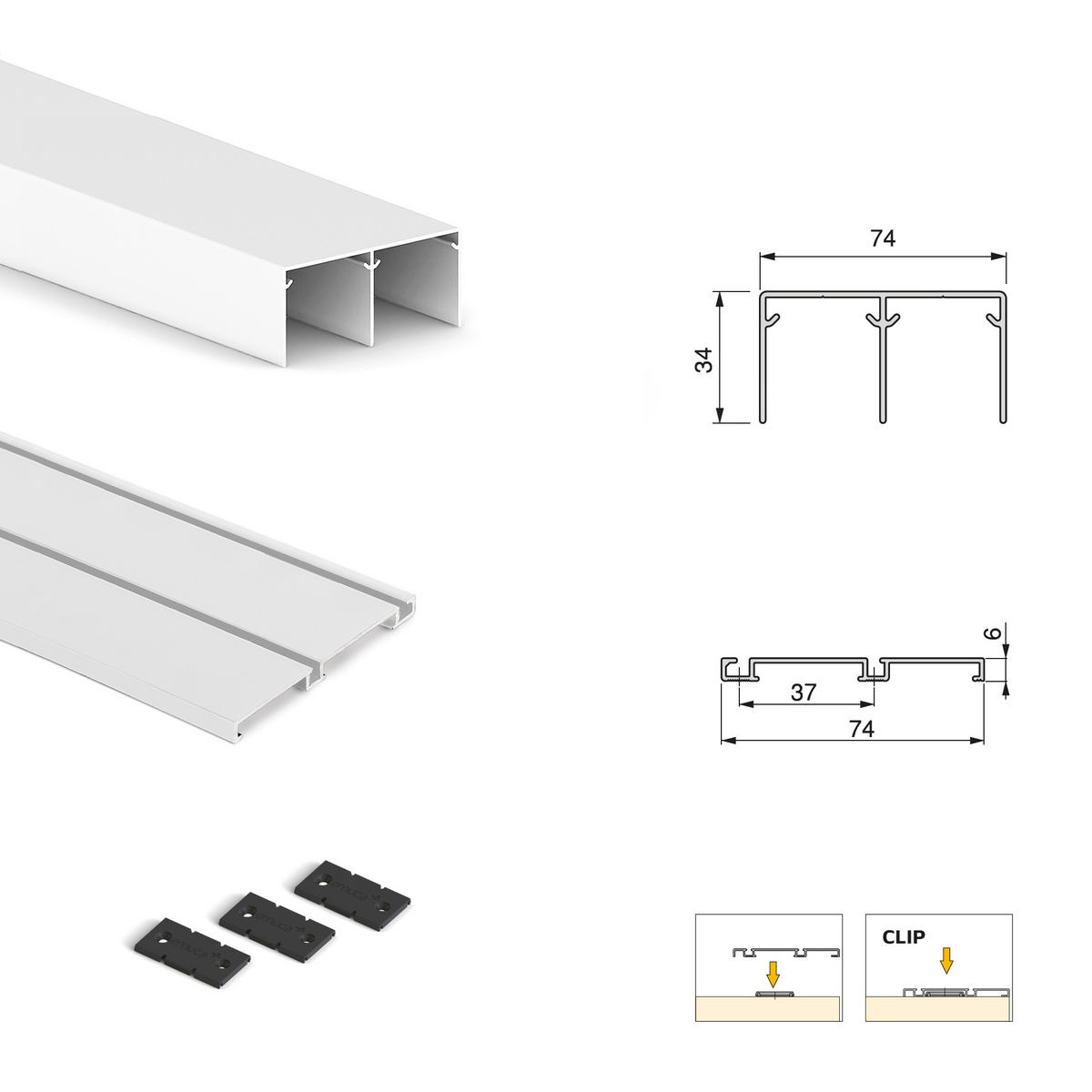 HARDWARE SET für Placard 74 2-Schiebe-Kleiderschrank mit sanftem Schliessen, Griff-Modell Sharp, Stärke 19mm, ohne Paneele, Weiß metallic - Weiß, Metall (3.4/8/235cm) - EMUCA